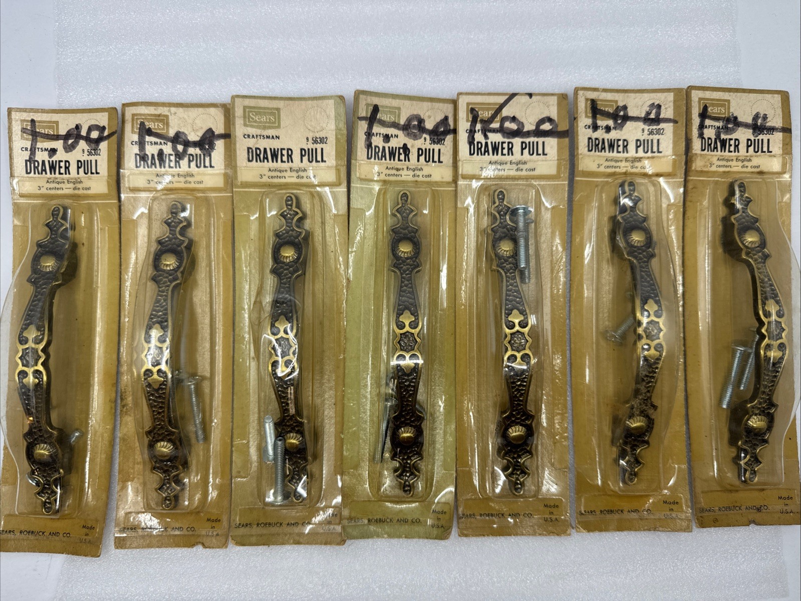 Lot Of 7 Vintage Sears Craftsman Die-Cast Drawer Pulls Antique English 3” Center