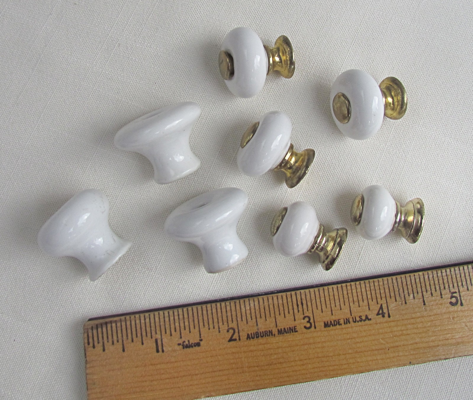 Vintage Mixed Lot of 8 White Porcelain Drawer Pulls Knobs 5 w/ Gold Inserts