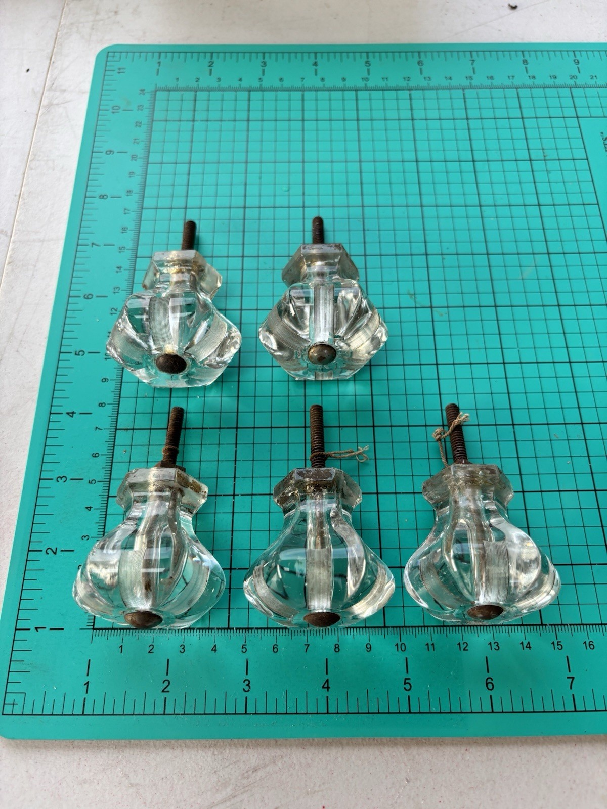 Antique Vintage Hexagon Crystal Glass Door Drawer Knobs Pulls Set Of 5