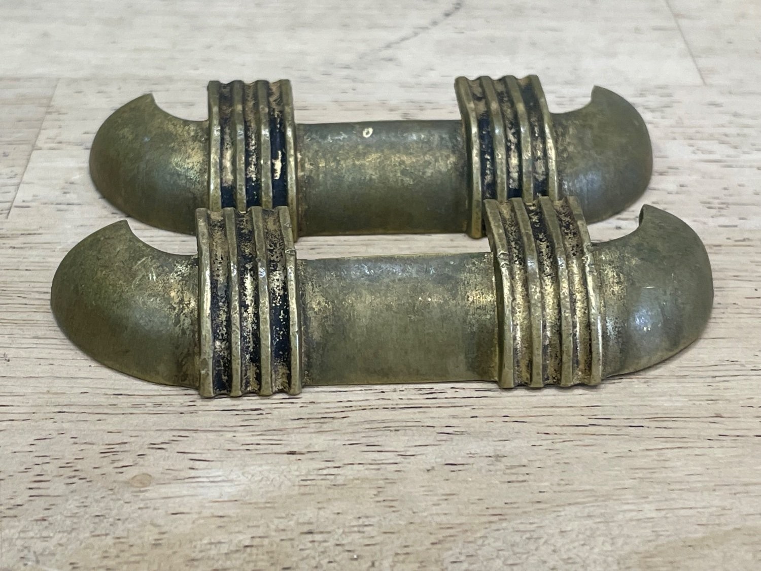 Vintage Art Deco Brass Drawer Pulls Set of 2 Ribbed Streamline 3 Inch 1535