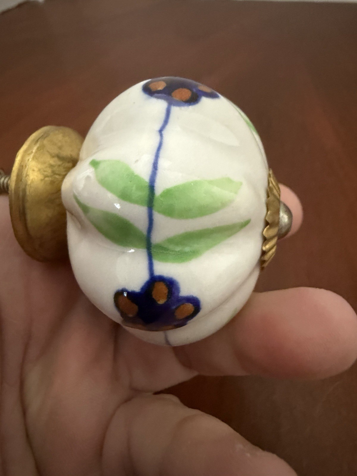 Vintage Hand Painted 2” Cabinet/drawer Knob W/ Green/blue Floral Design Ceramic