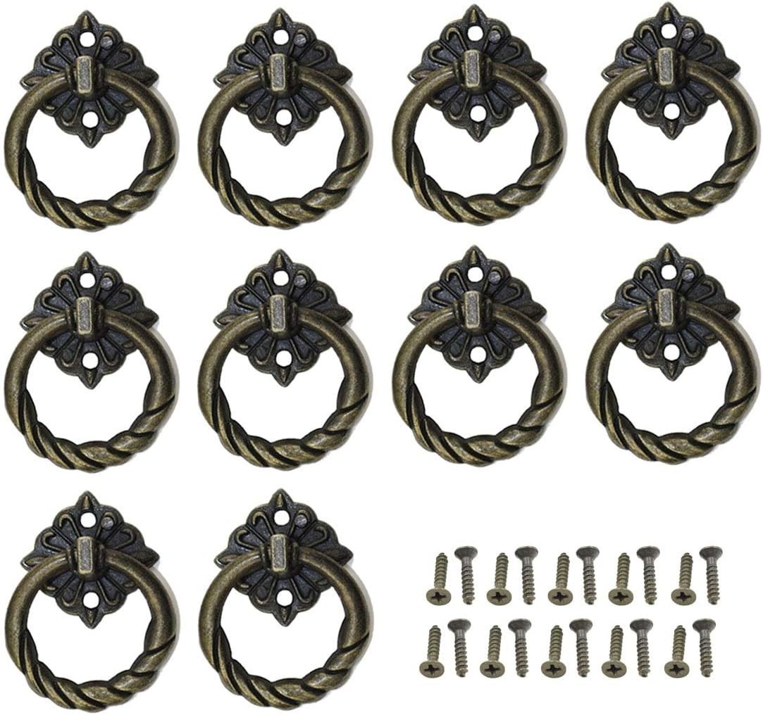 LXZ 10 Pcs Vintage Antique Brass Ring Pulls Handles for Cabinet Drawer