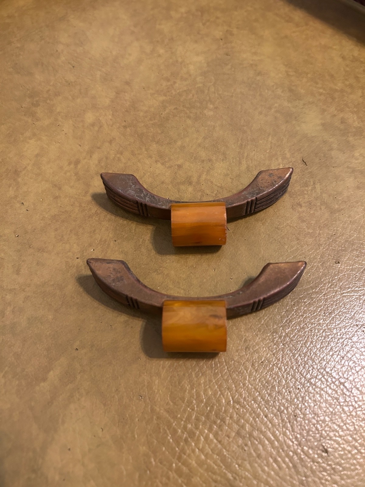 Vintage Art Deco Brass Drawer Pulls w/ Butterscotch Bakelite 4″ Set of 2