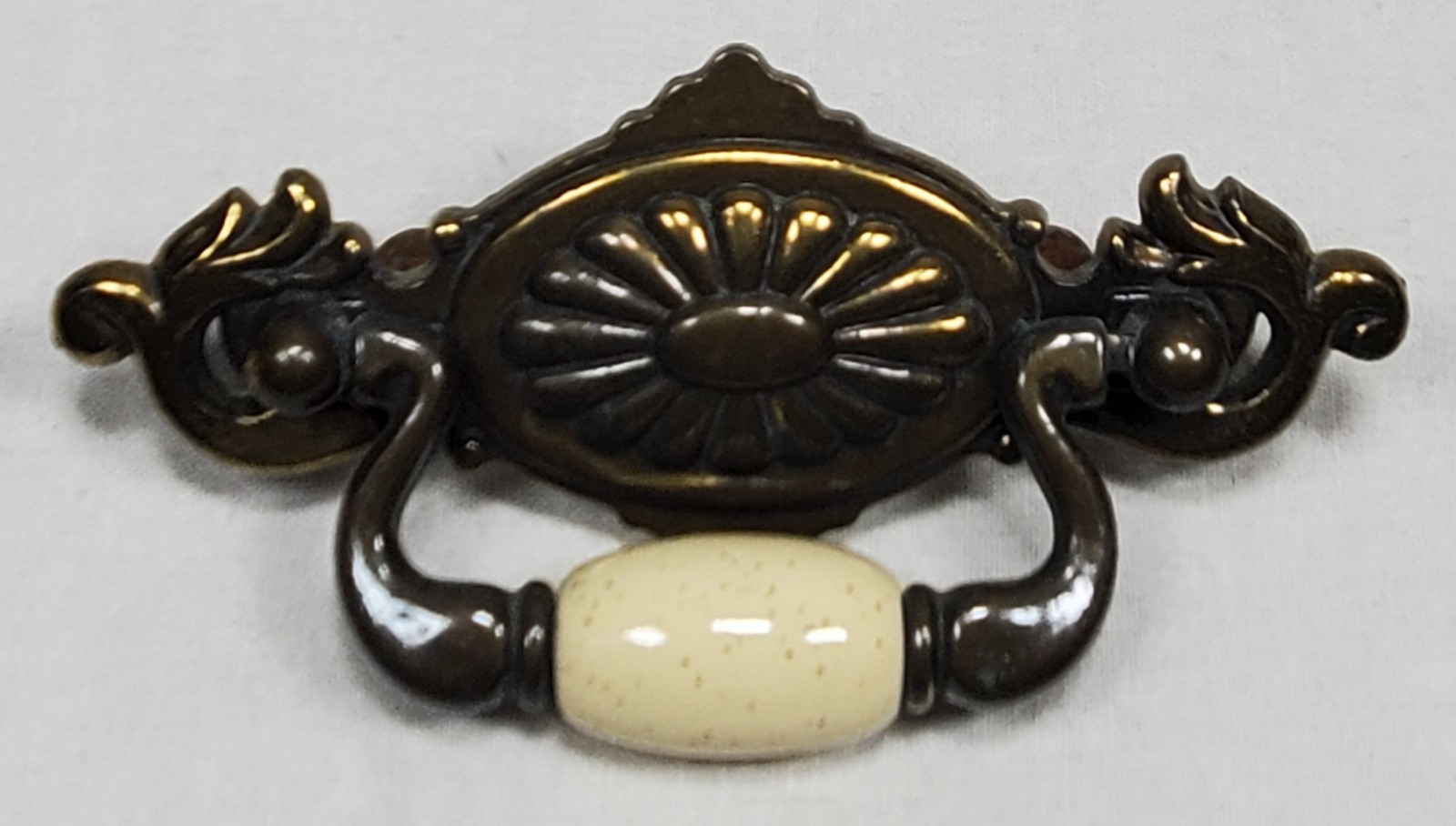 Vintage Brass Drawer Pull With Beige Ceramic Center Bead 2 1/4″ OC
