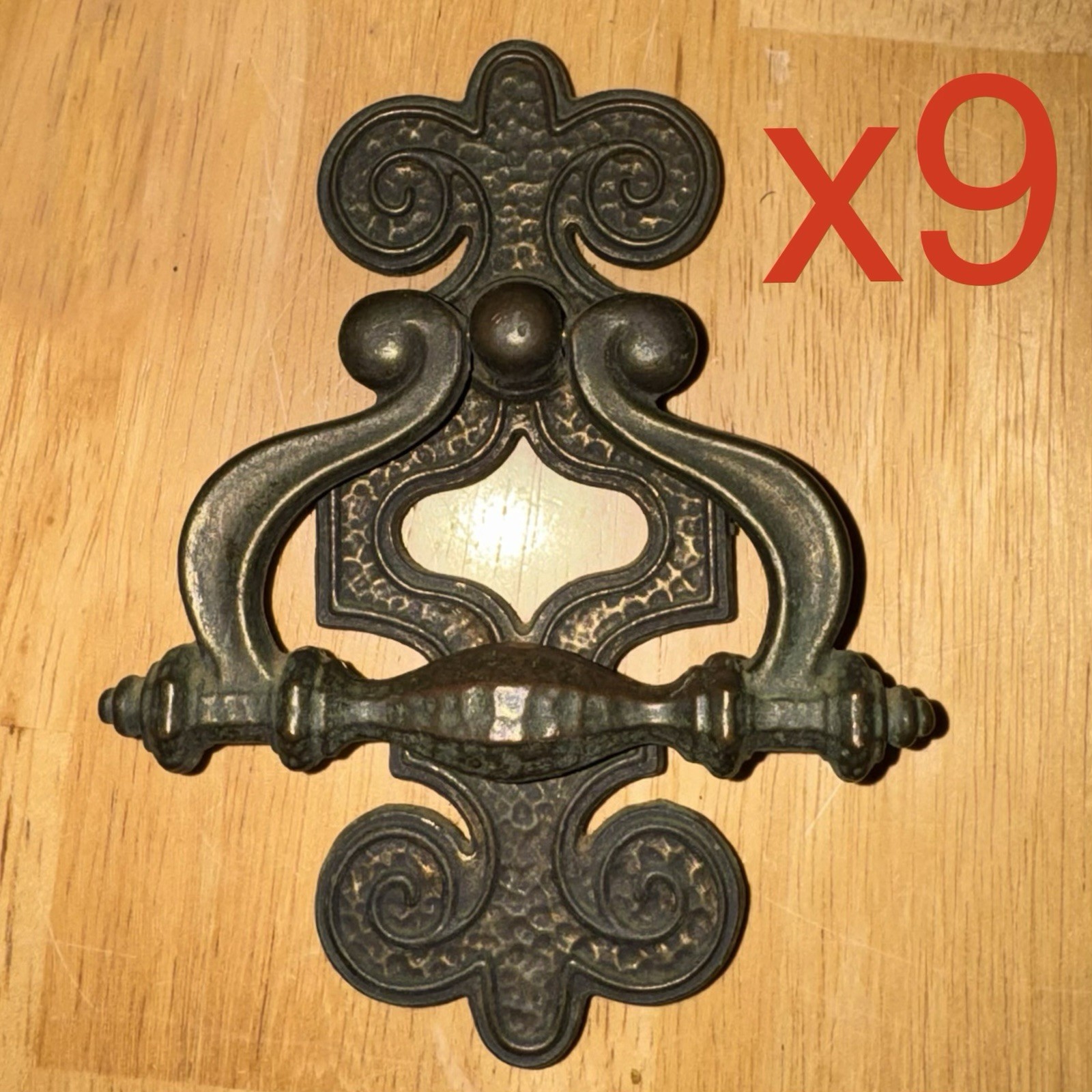 9 Ornate Vtg. Brass Celtic Drawer Bail Cabinet Door Ring Pull Handle & Backplate