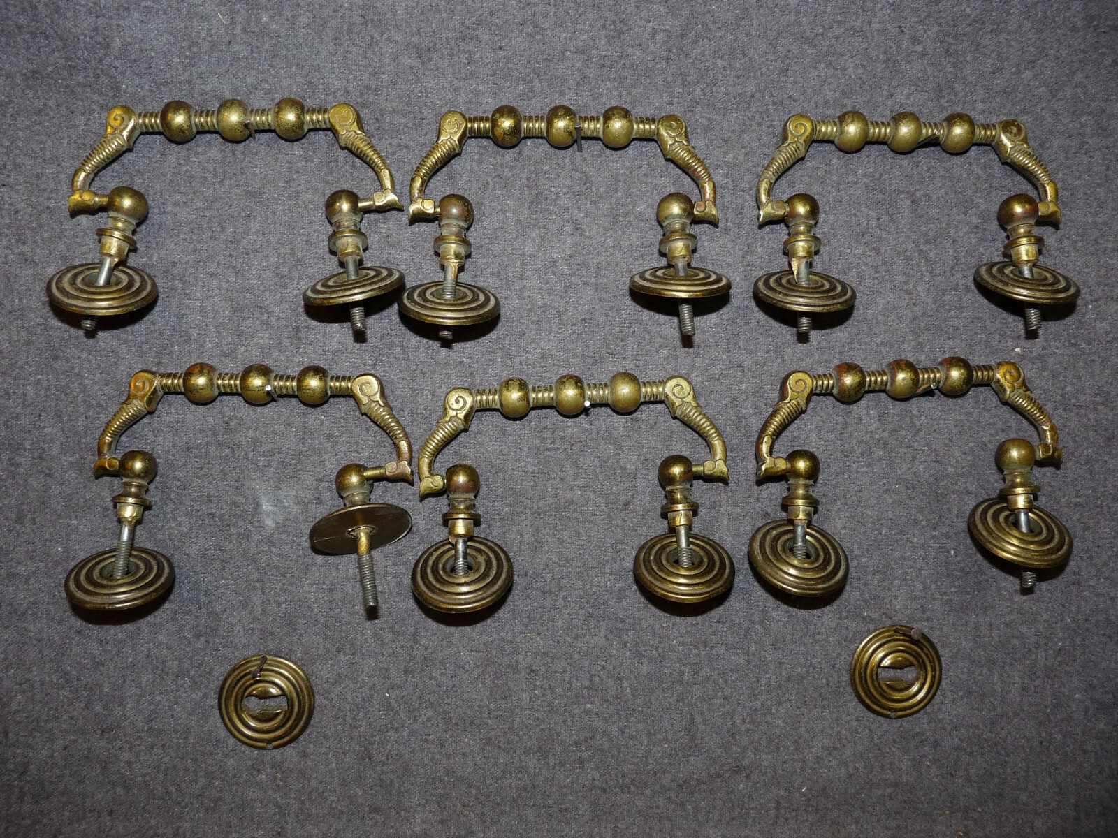 6 Heavy Matching Antique Brass Drawer Pulls + 2 Matching Key Lock Escutcheons