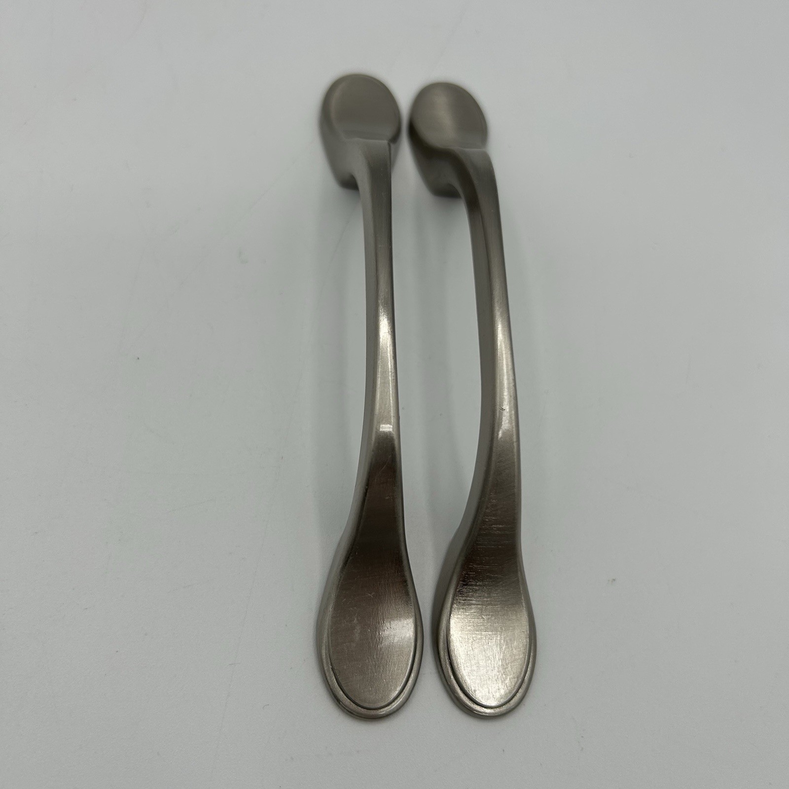Vtg 3″ Spoon Foot Pull Knob, Brushed Nickel Drawer Pull Cabinet Door, VGC (2)