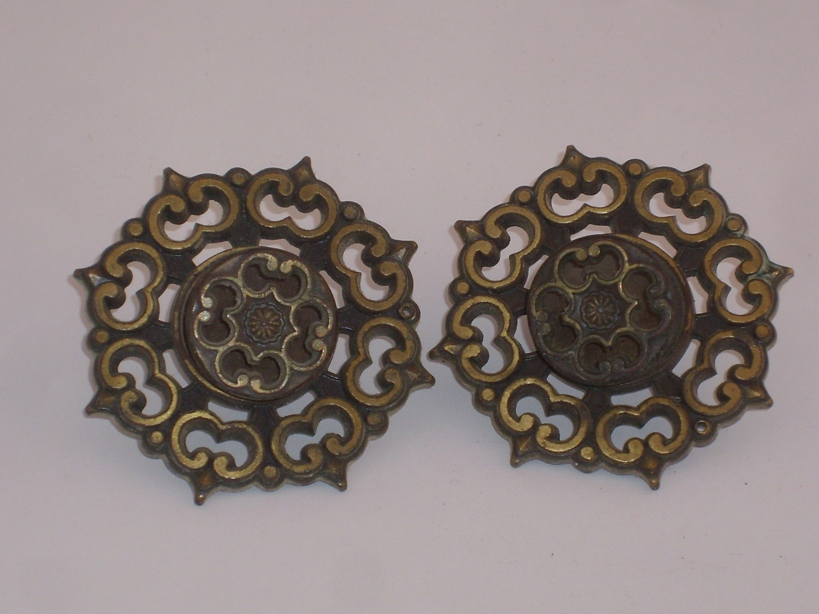 Pair of Vintage Antique Gold Amerock Cabinet Drawer Pulls, Back Plate & Knob