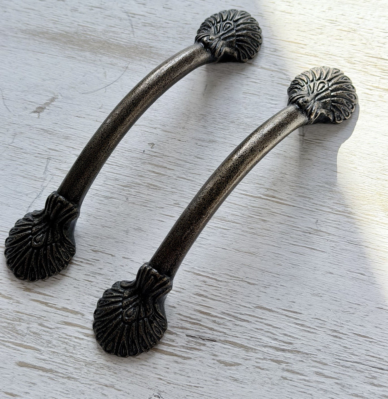 Set Of 2 Antique Bronze Metal Drawer Pulls Carved Metal Fanned Peacock Feathers