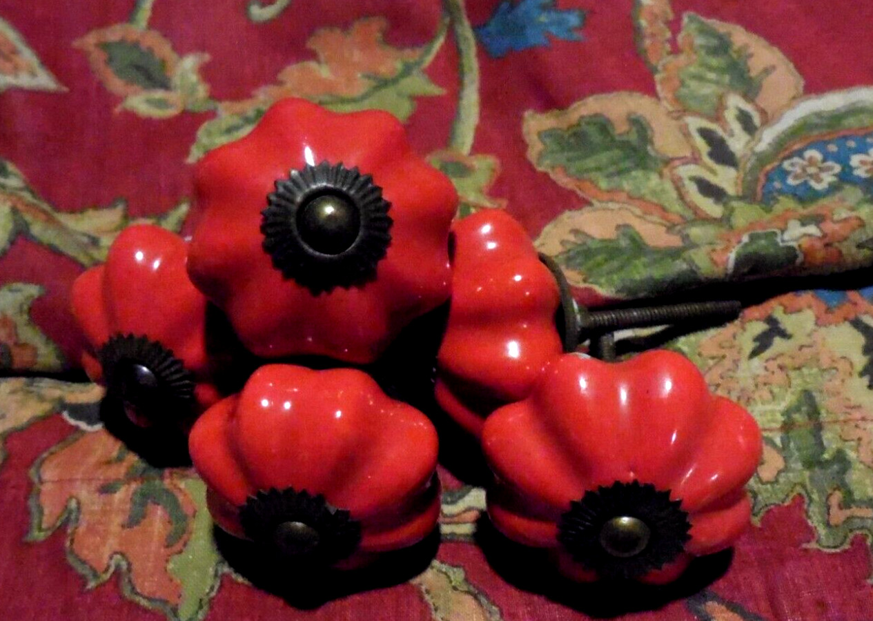 5 Red Rustic Drawer Cabinet Knobs Handles – Pumpkin Shaped Brass Hardware