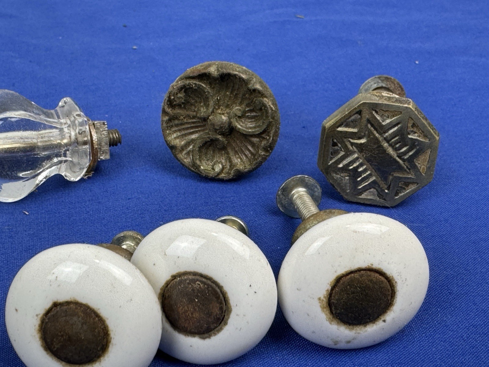 21 Antique & Vintage Pull Knobs, Door or Drawer, Metal (Tin, Steel), Glass, Wood