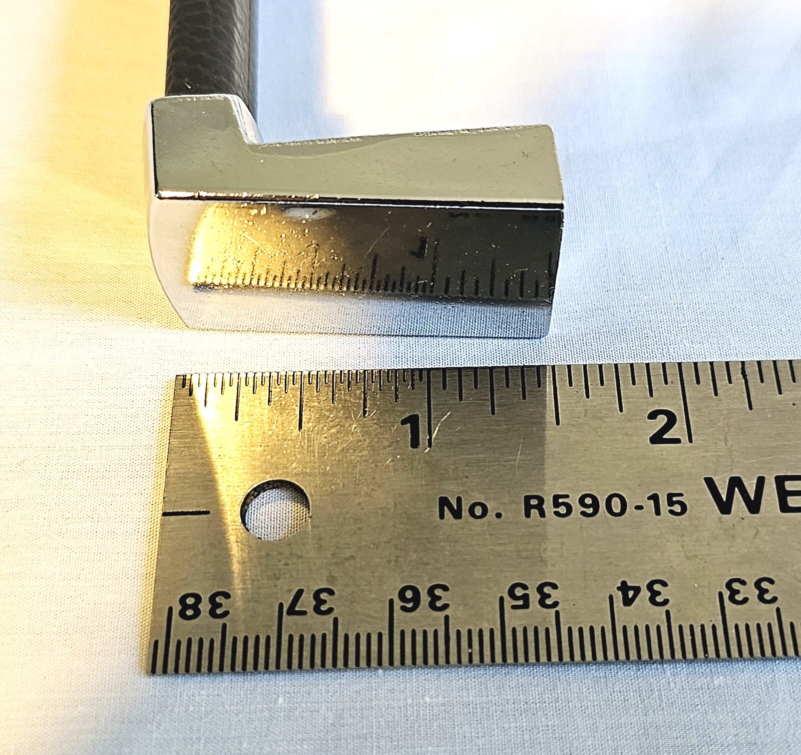 VINTAGE DRAWER PULL- FAKE LEATHER HANDLE – NICE LOOK SET OF 9 – CHROME METAL