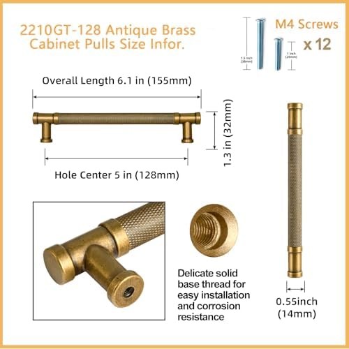 6 Pack Antique Brass Knurled Cabinet Pulls Drawer Handles, 5.04″ c-c Vintage Bra