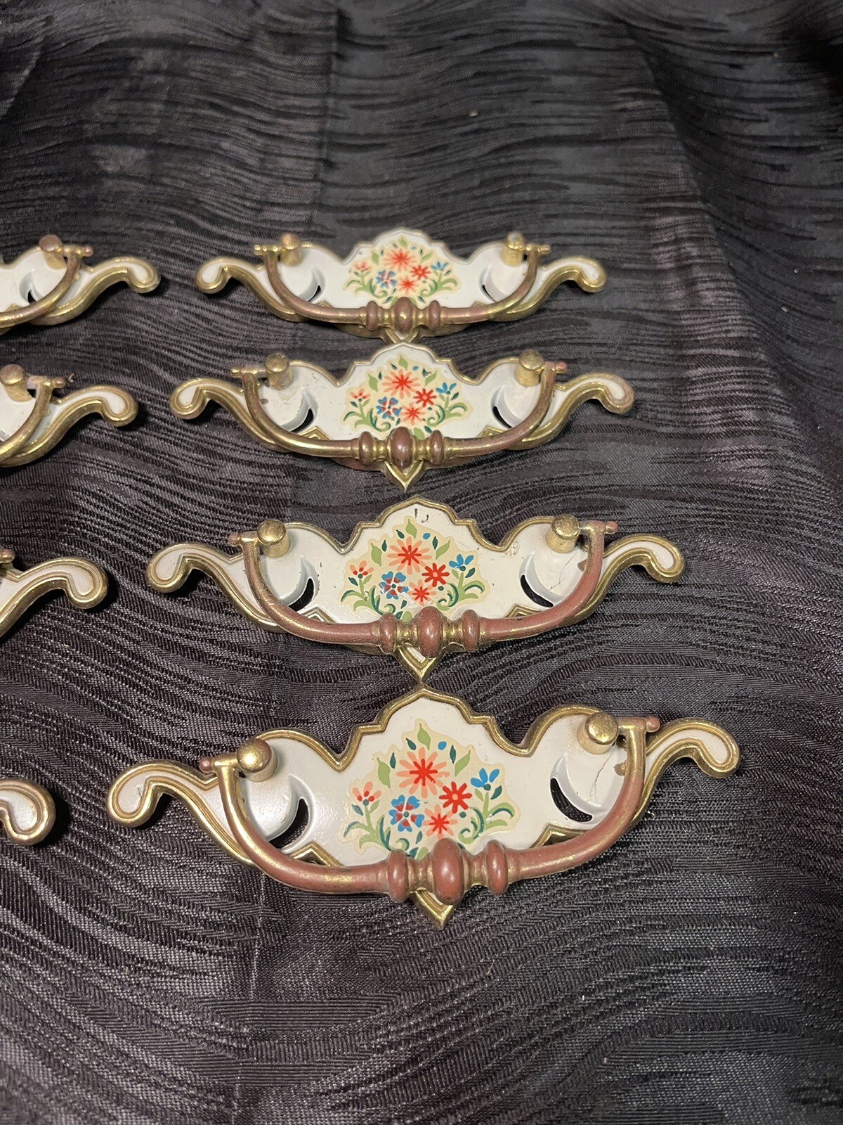 8pc Vintage Brass Drop Bale Dresser Cabinet Drawer Pulls White Floral Design