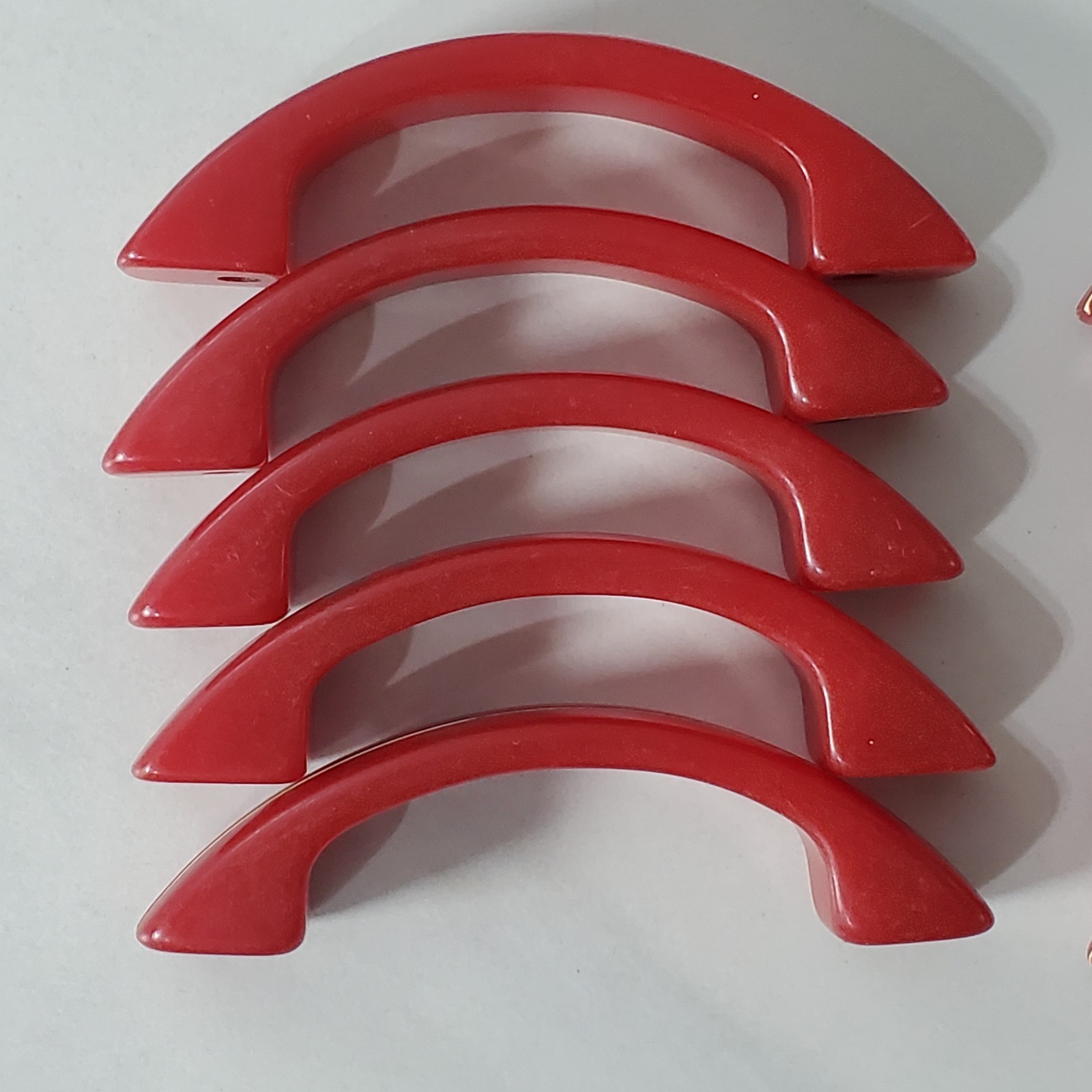 Bakelite Cherry Red White Stripe Art Deco Drawer Pull Cabinet Handle Set of 10