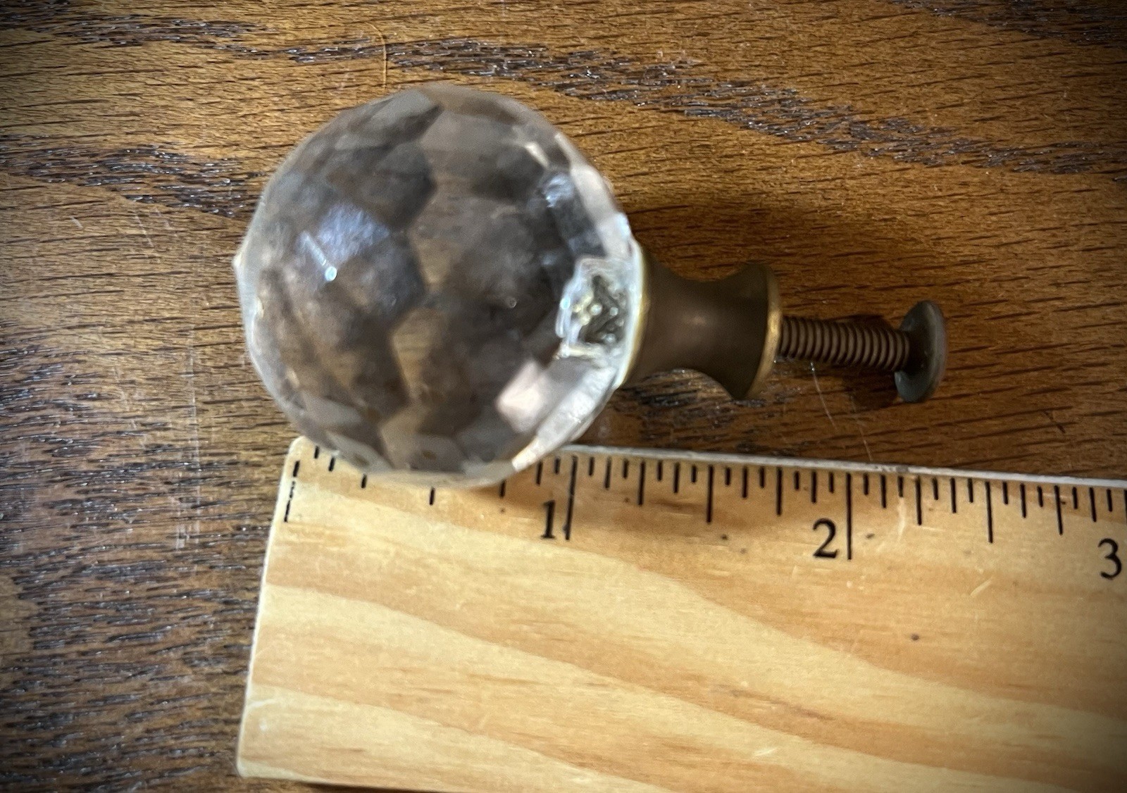 Pair Vintage clear faceted crystal ball doorknobs drawer pulls with brass base
