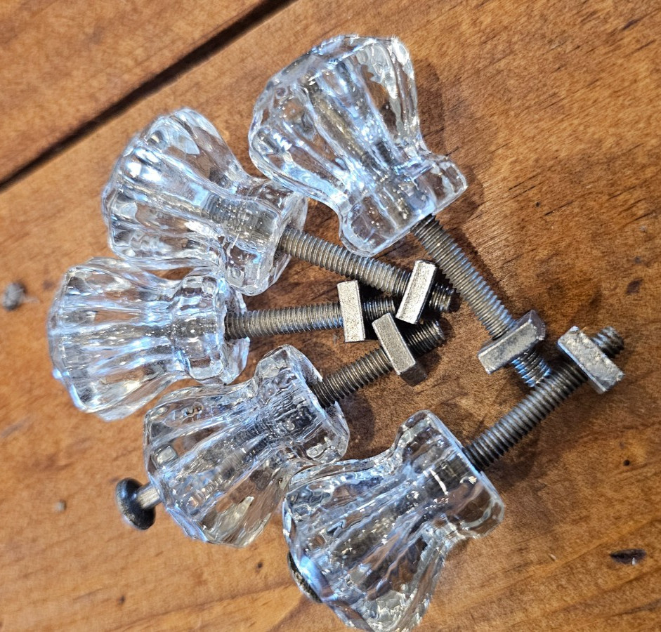 Vintage Clear Glass Cabinet Pulls Knobs Lot Of 5 Antique Hexagon