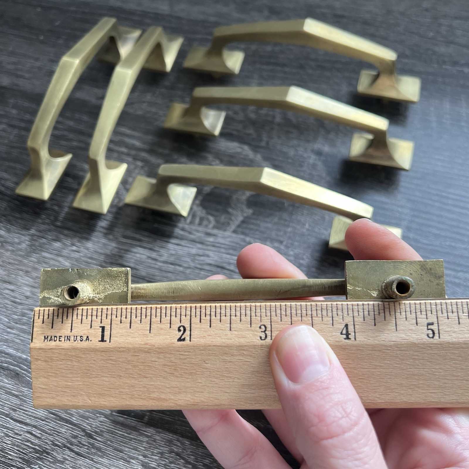 Set Of 6 Vintage Geometric Brass Angular Cabinet Pulls 4-1/16”CC