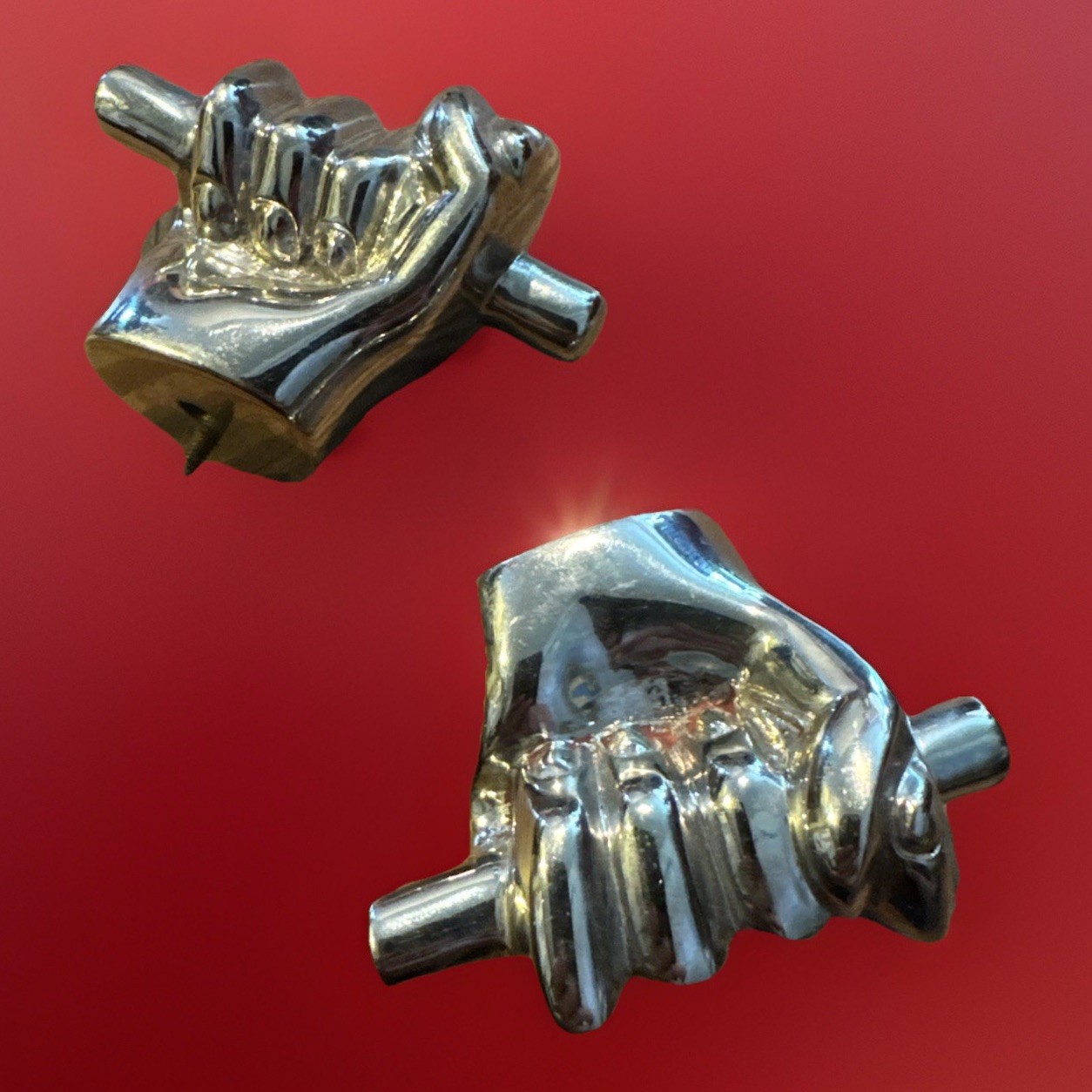 Chrome Pair Plated Figural Vintage Drawer Pulls Hands Gripping Bar Industrial