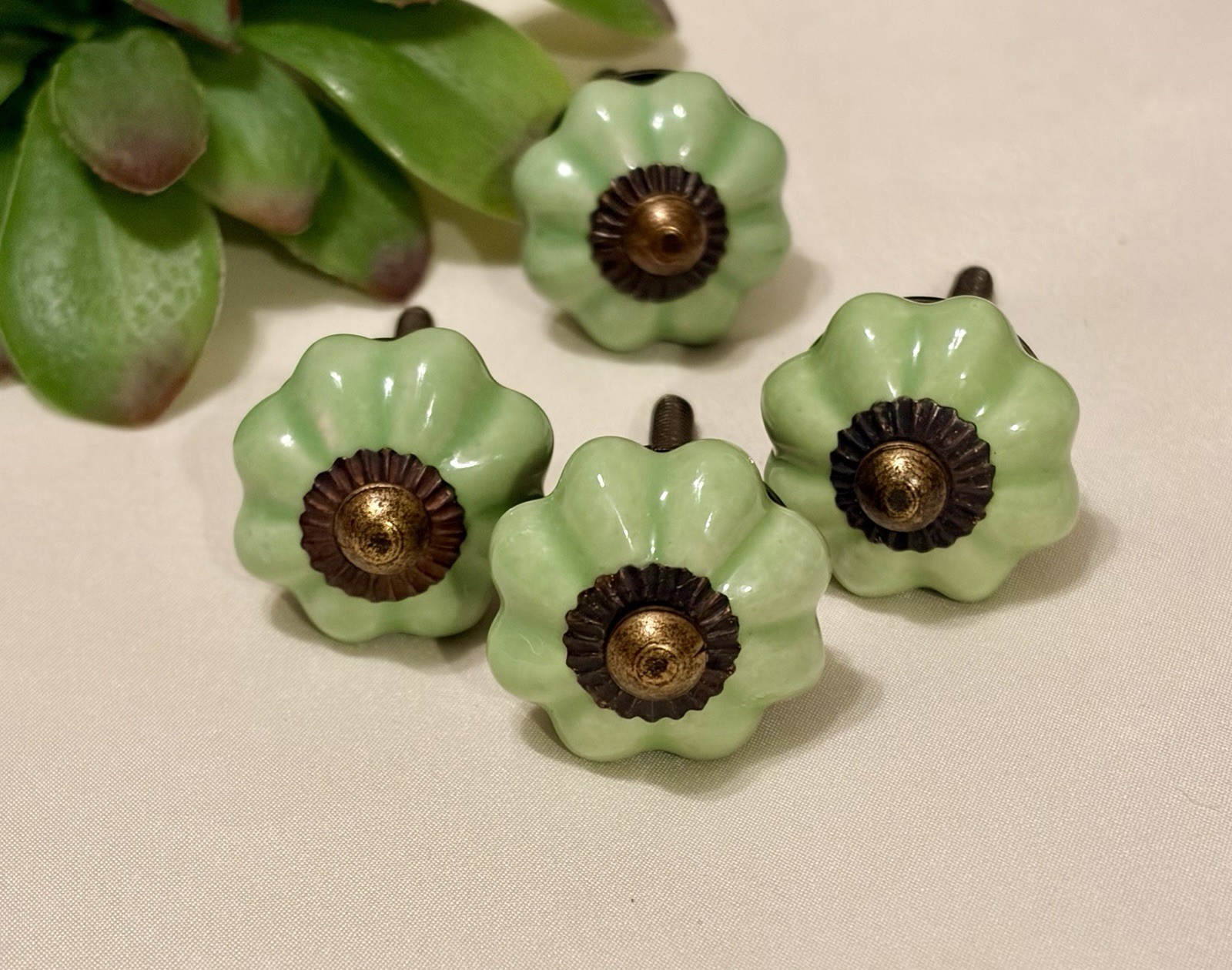 4 Antique Ceramic Drawer Pulls Green Flower Door Kitchen Cabinet Knob