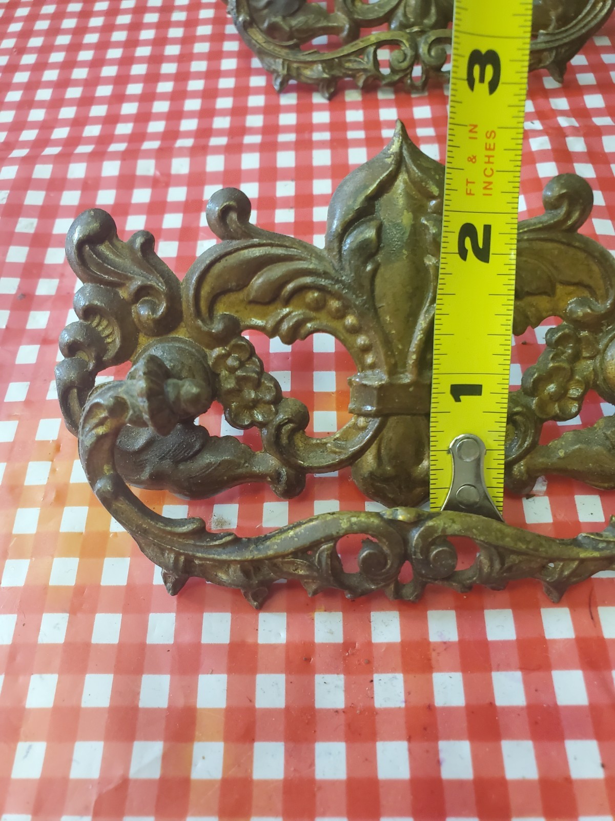 Set 6 Ornate Victorian Drawer Pulls Bail Handles Brass Fleur-de-lis w/3 keyholes
