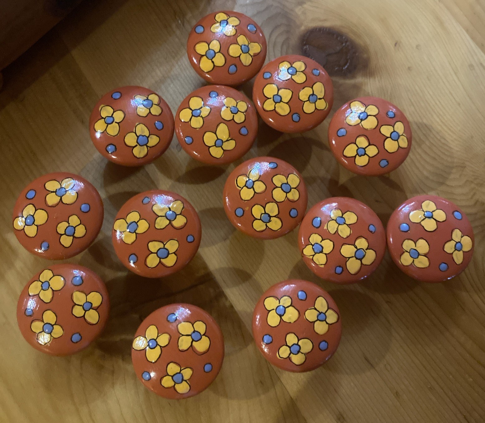 13 Wood drawer pulls/knobs Orange & Yellow & Blue 1” NOS