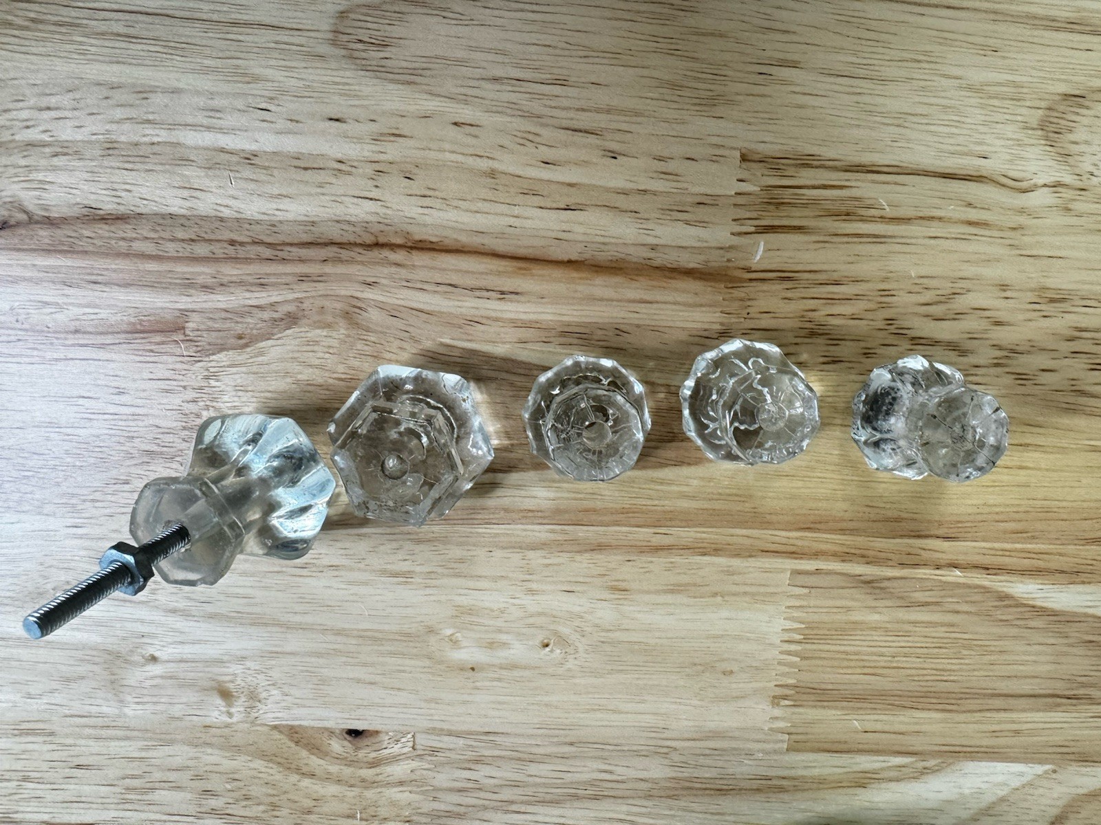 Vintage Glass Hexagon Drawer Cabinet Knob set Of 5 great condition 2 Small 2 Big
