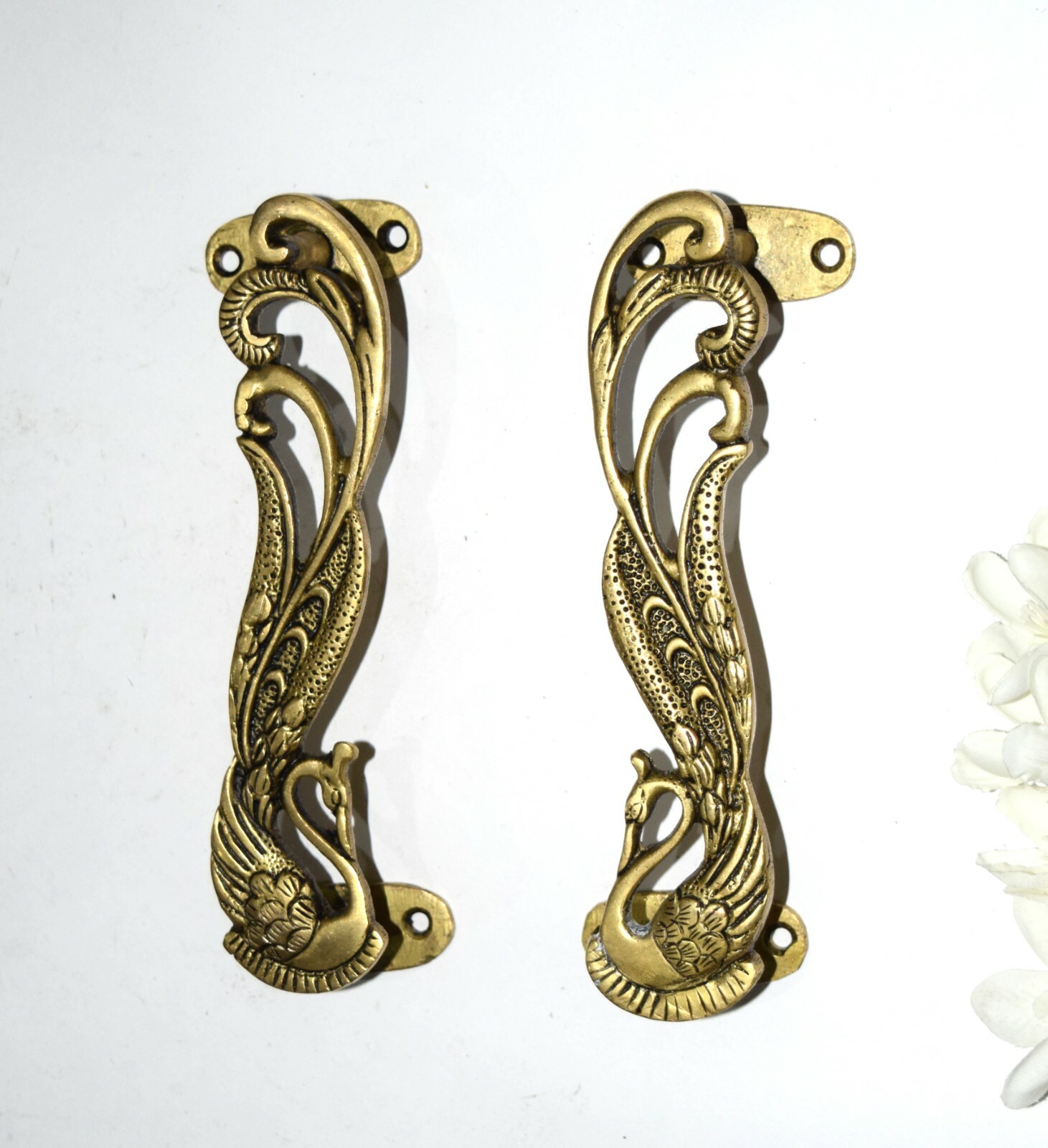 Brass Peacock Door Handle Pair 7” Inches Turkey Bird Design Almirah Pull EK560