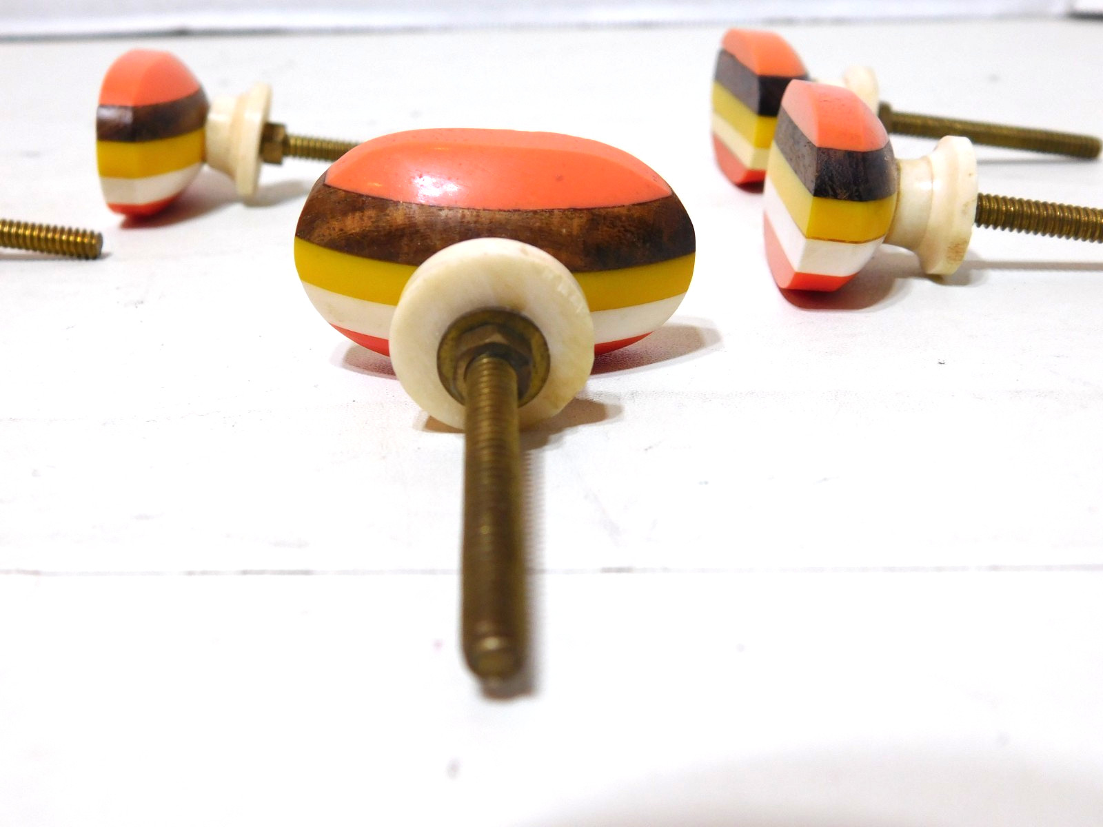 5 MCM Drawer Pulls Oval 1.5″x1″ Red White Yellow Wood Orange Plastic Oval