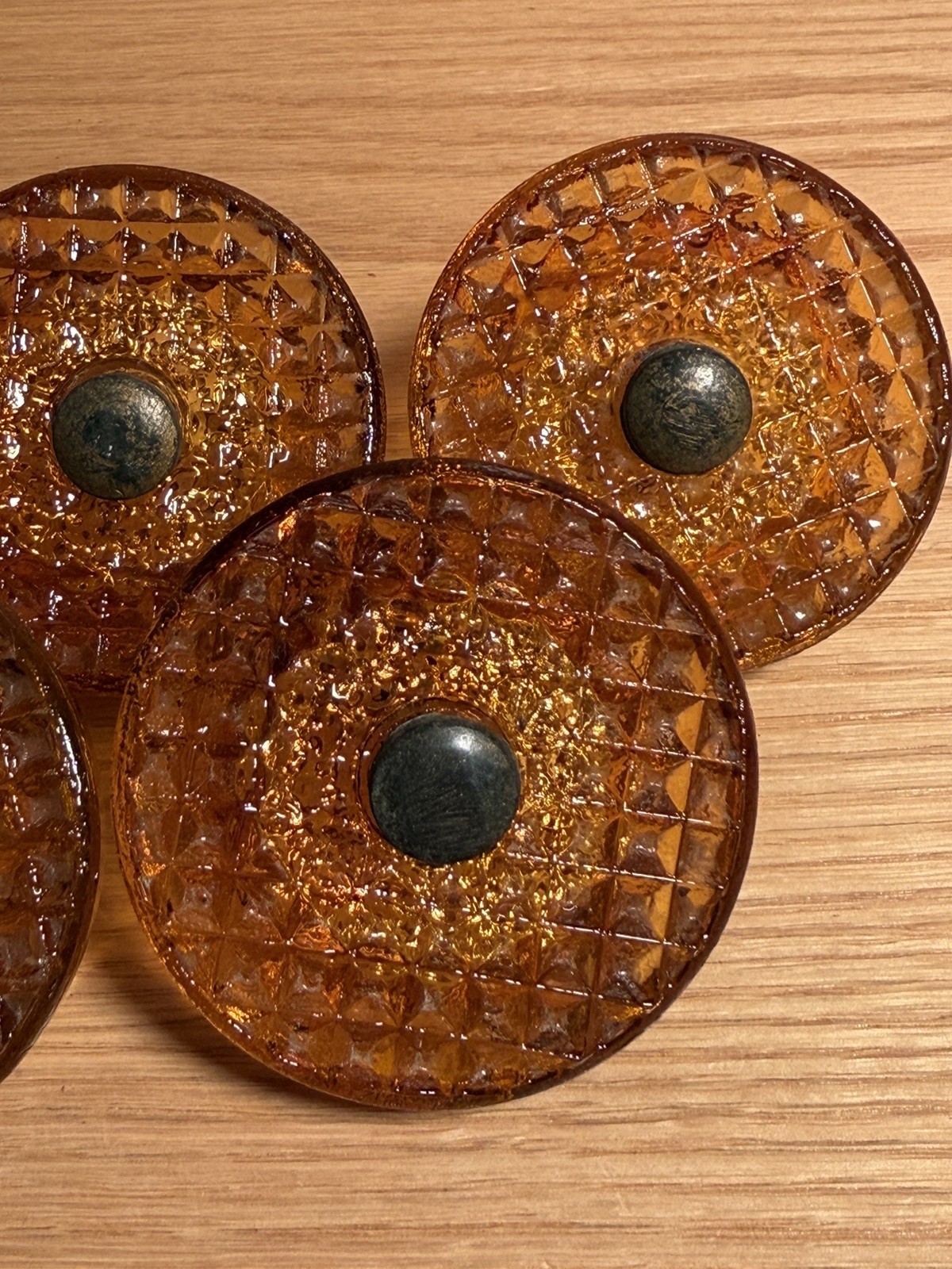 Art Deco Amber Glass Waffle Textured Large Drawer Pulls Set of 6