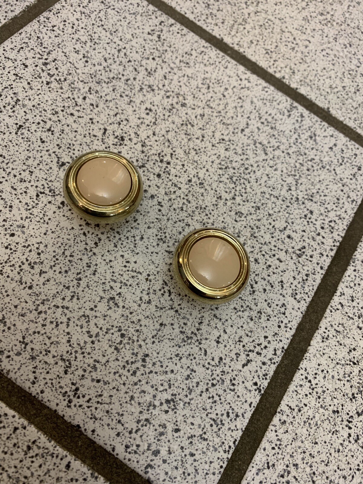 2 Knobs Beige Ceramic Brass Round Pulls Cabinet Drawer Heavy Mid Century Vintage
