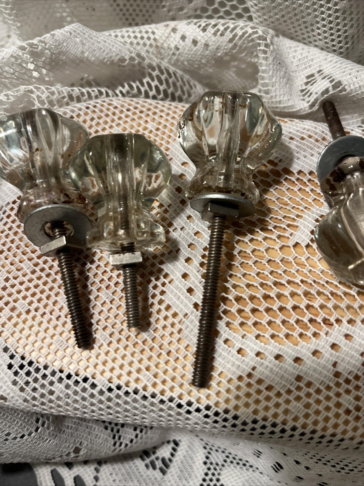 5 Vintage Antique Clear Glass Hexagon Dresser Drawer Cabinet Pulls Knob 1 1/2″