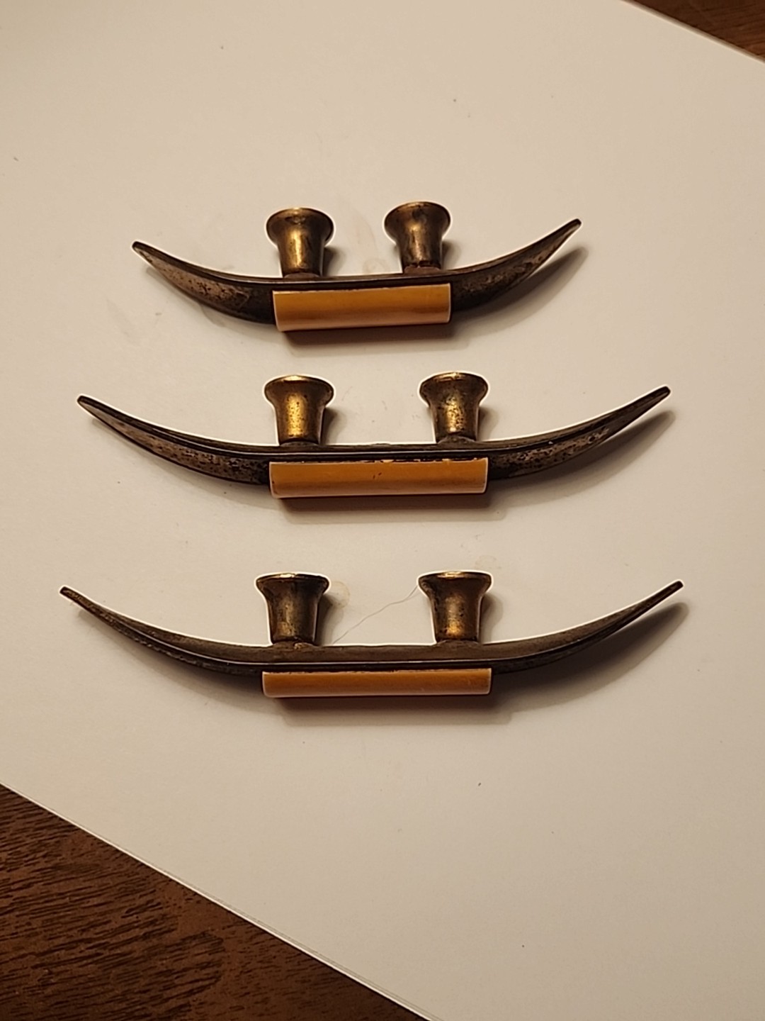 3 Vtg Art Deco Brass Cabinet Drawer Pulls Bakelite Centers Rare Retro Salvage