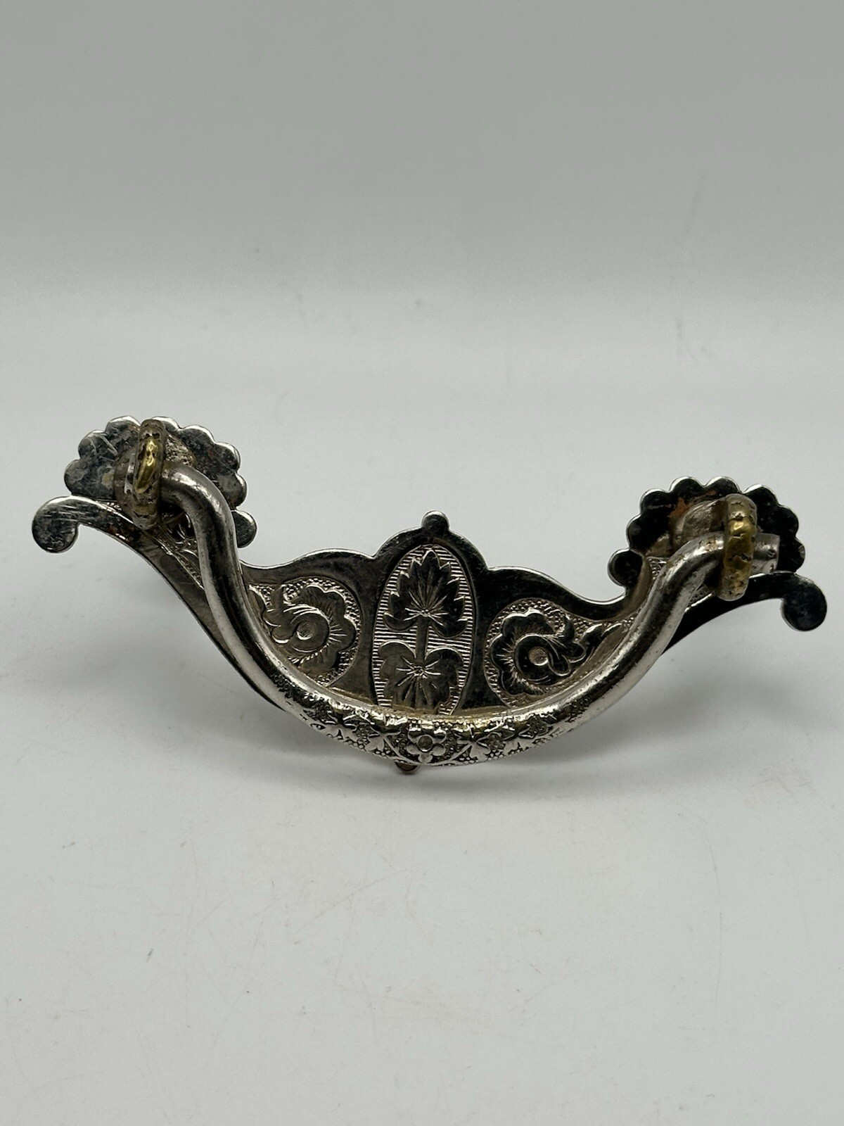 Two Tone Brass Drawer Pull Etched Punched Floral Design