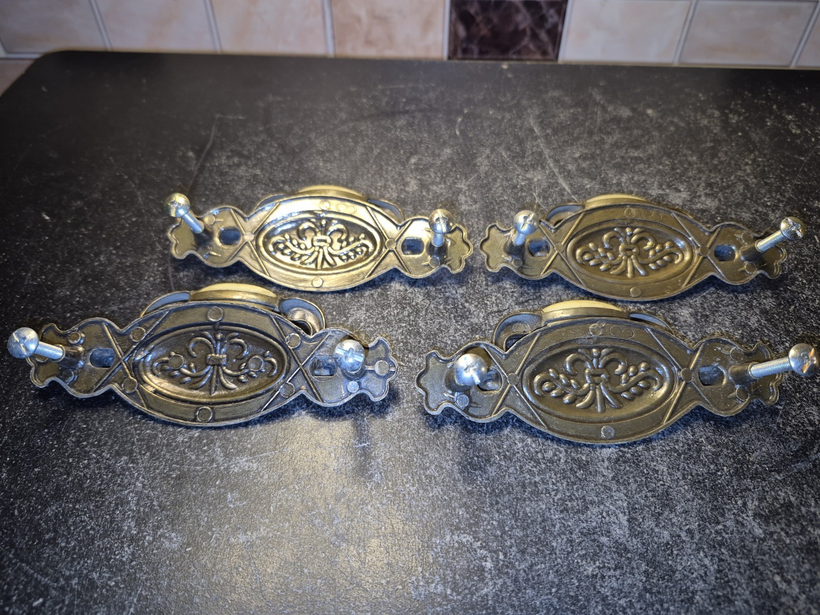Vintage Brass Hardware Drawer Pulls With Beige Ceramic Center Bead Set Of 6