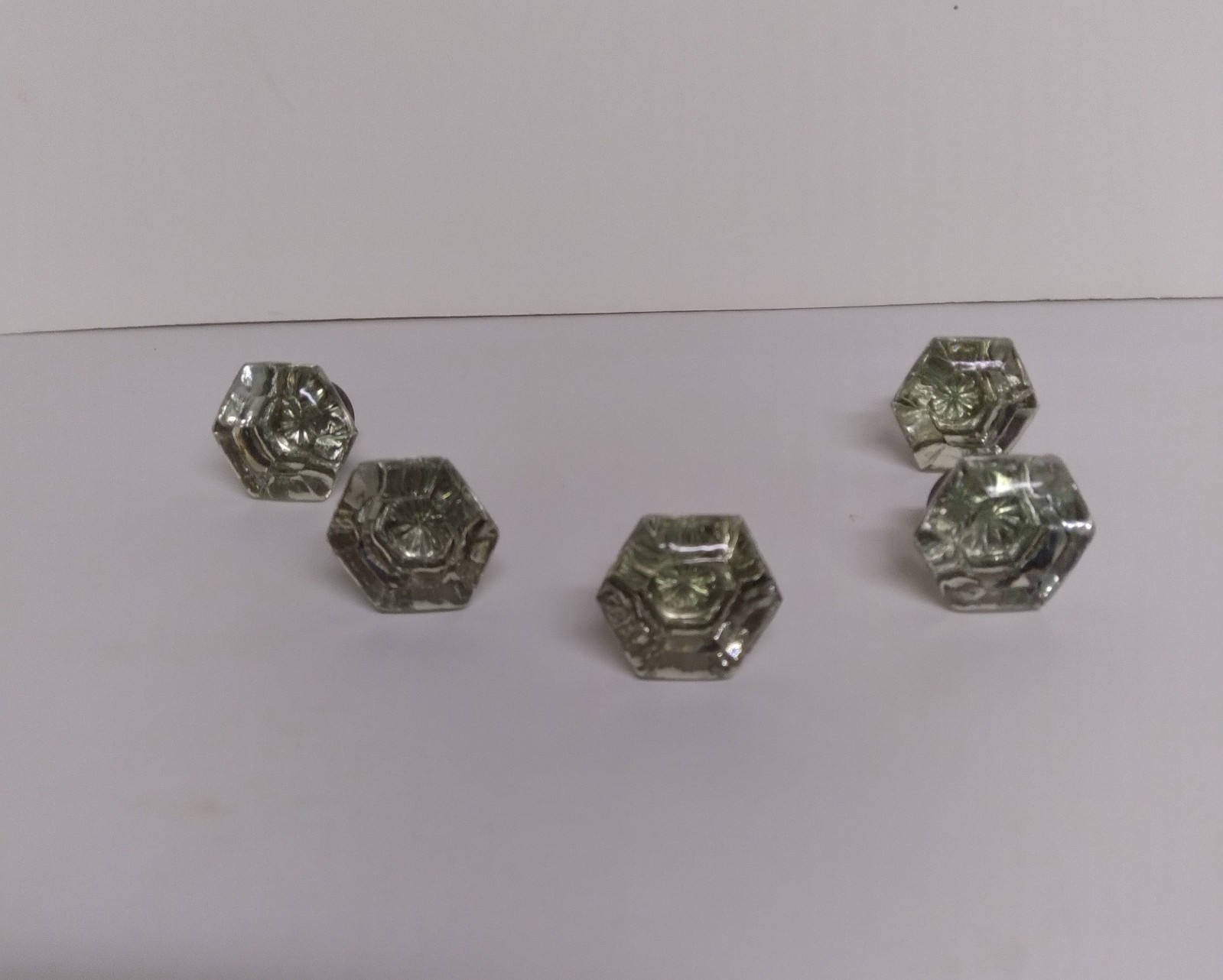 Vintage Clear Glass Drawer Knob Pull Hexagon Inset Pattern Lot Five 1 1/4″ SALE