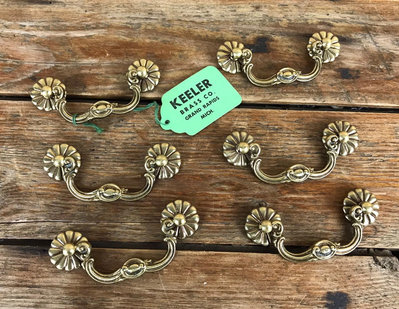 Vintage Brass Drop Bail Drawer Pulls Keeler Brass Company Lot of 6 3pc