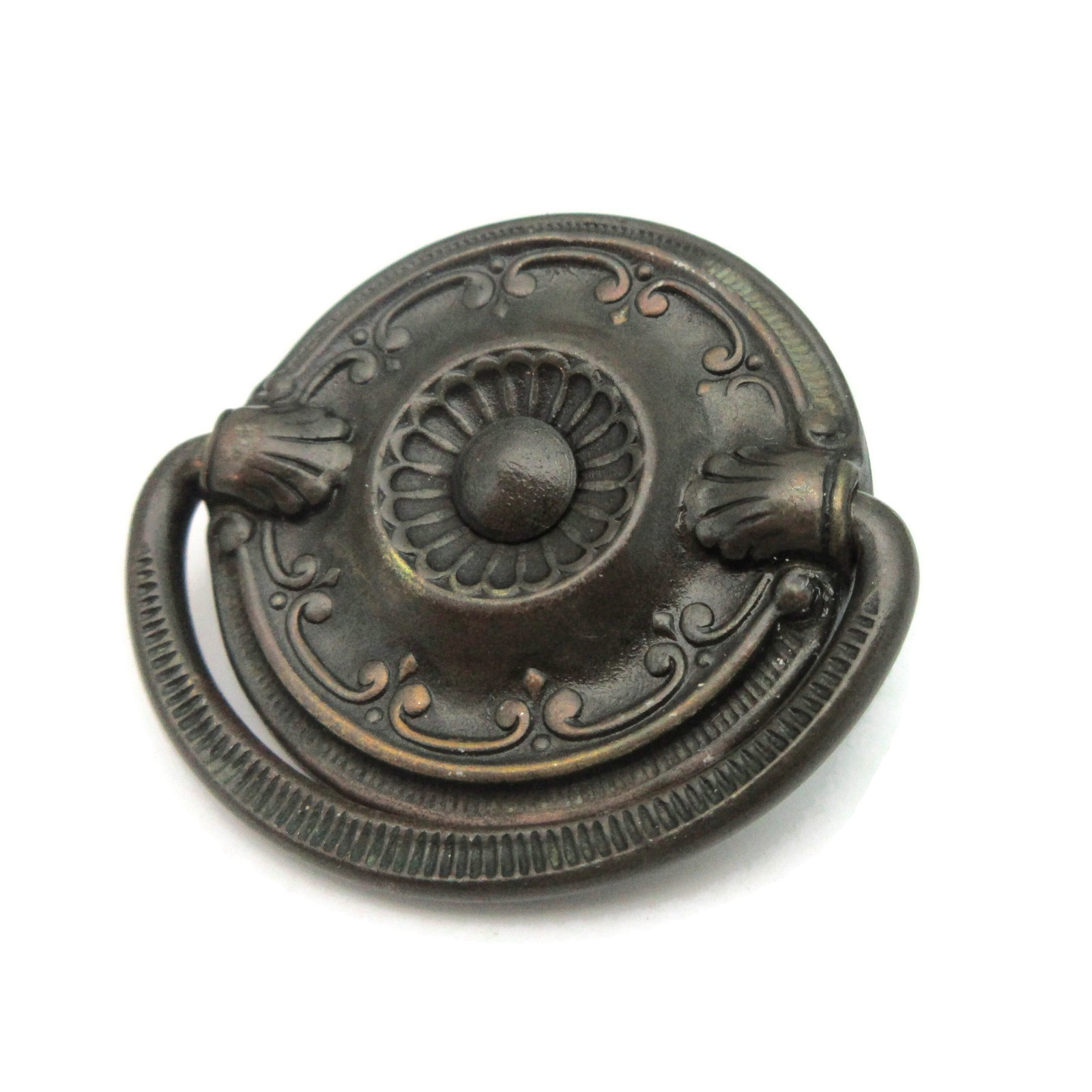Vintage Ring Drawer Pull Ornate Handle Brass Tone Pressed Metal Round LV13a