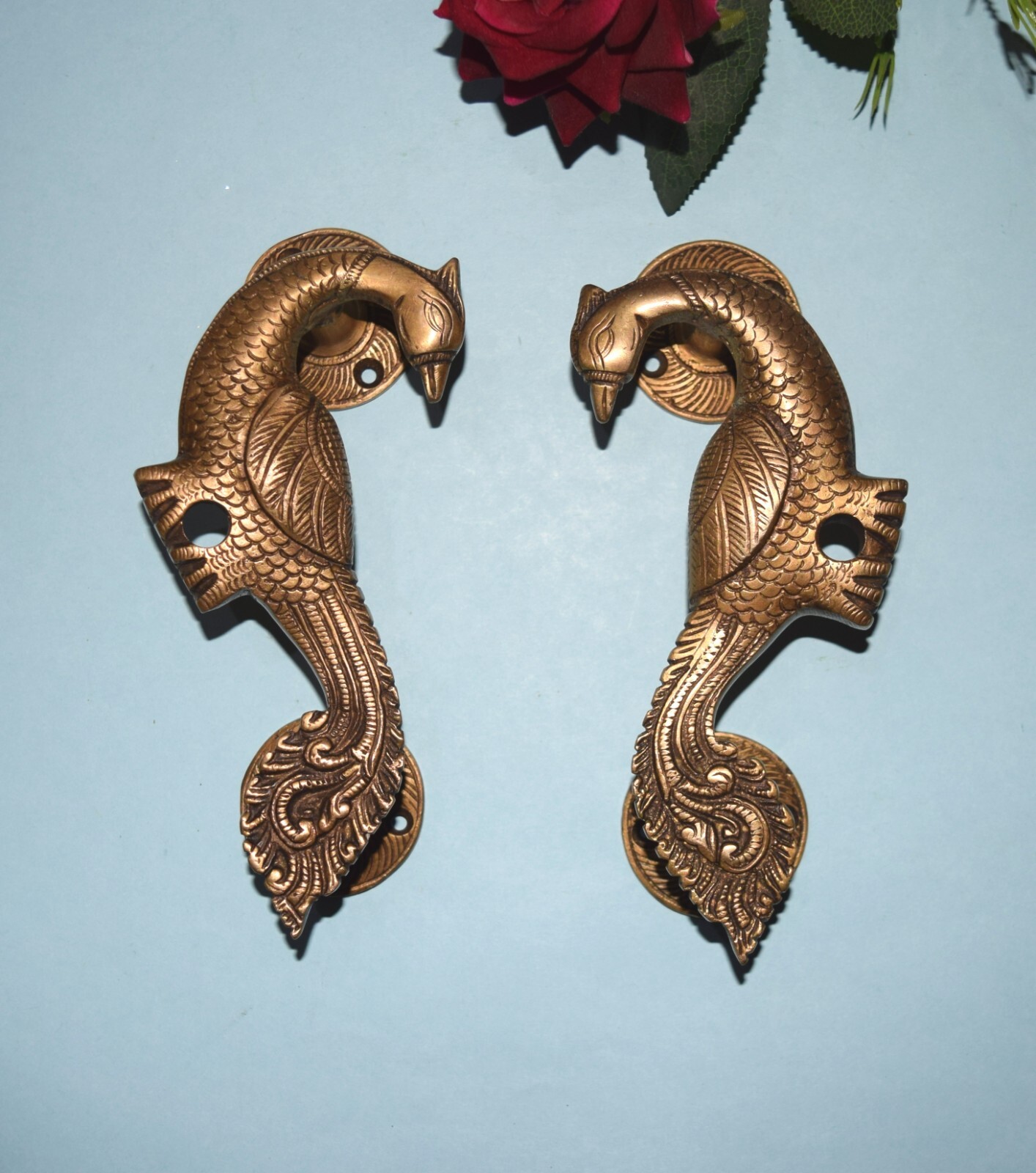 Curved Peafowl Engraved Front Door Puller Luxury Brass Peacock Door Handle HK246