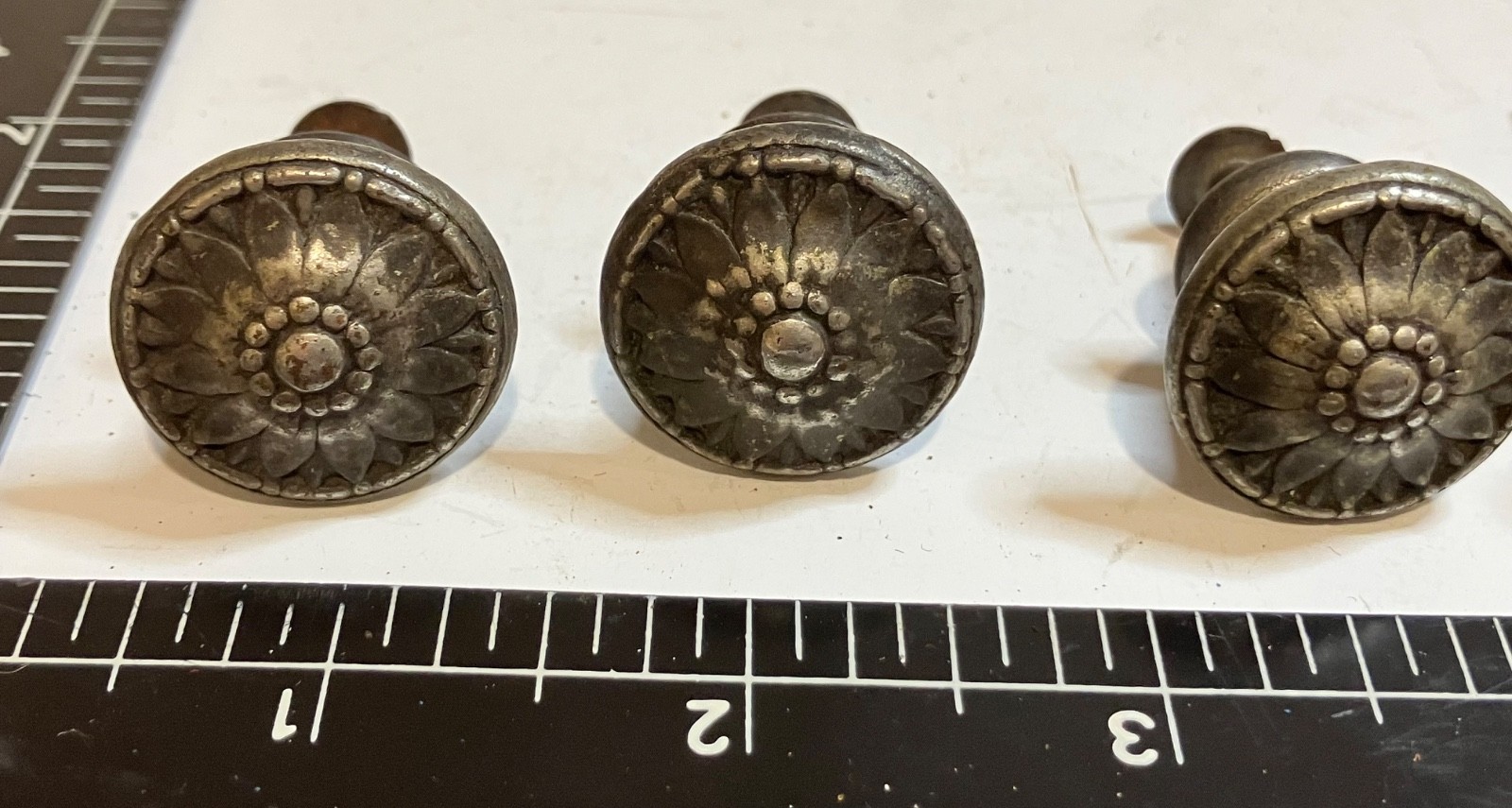3 Vintage Pewter Round Floral Metal Cabinet Door Knob Drawer Pulls and one plain