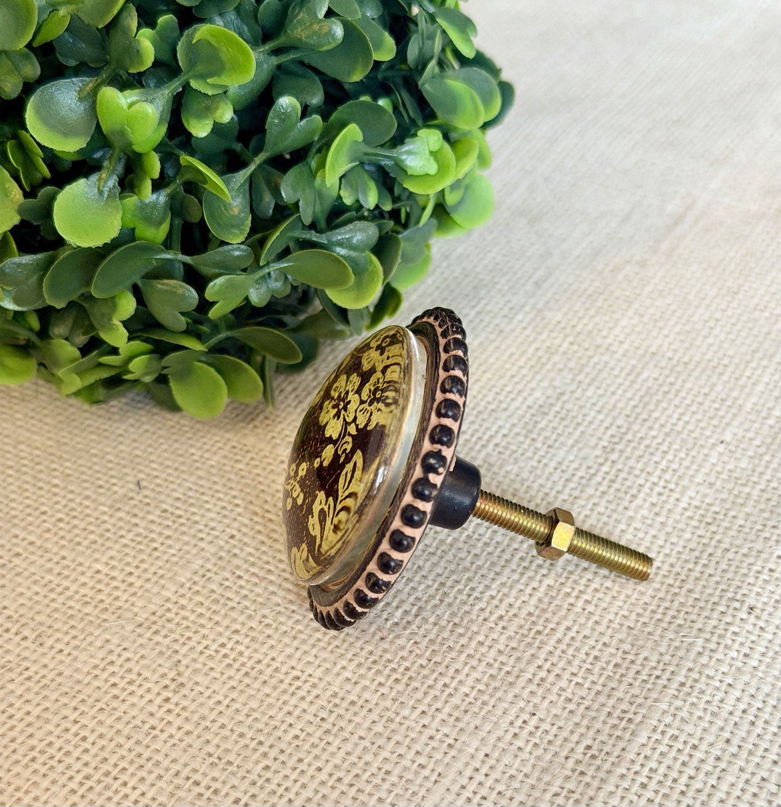 Large Floral Cast Iron Distressed Cream Brown Knobs Glass Floral Leaf Knobs Pull