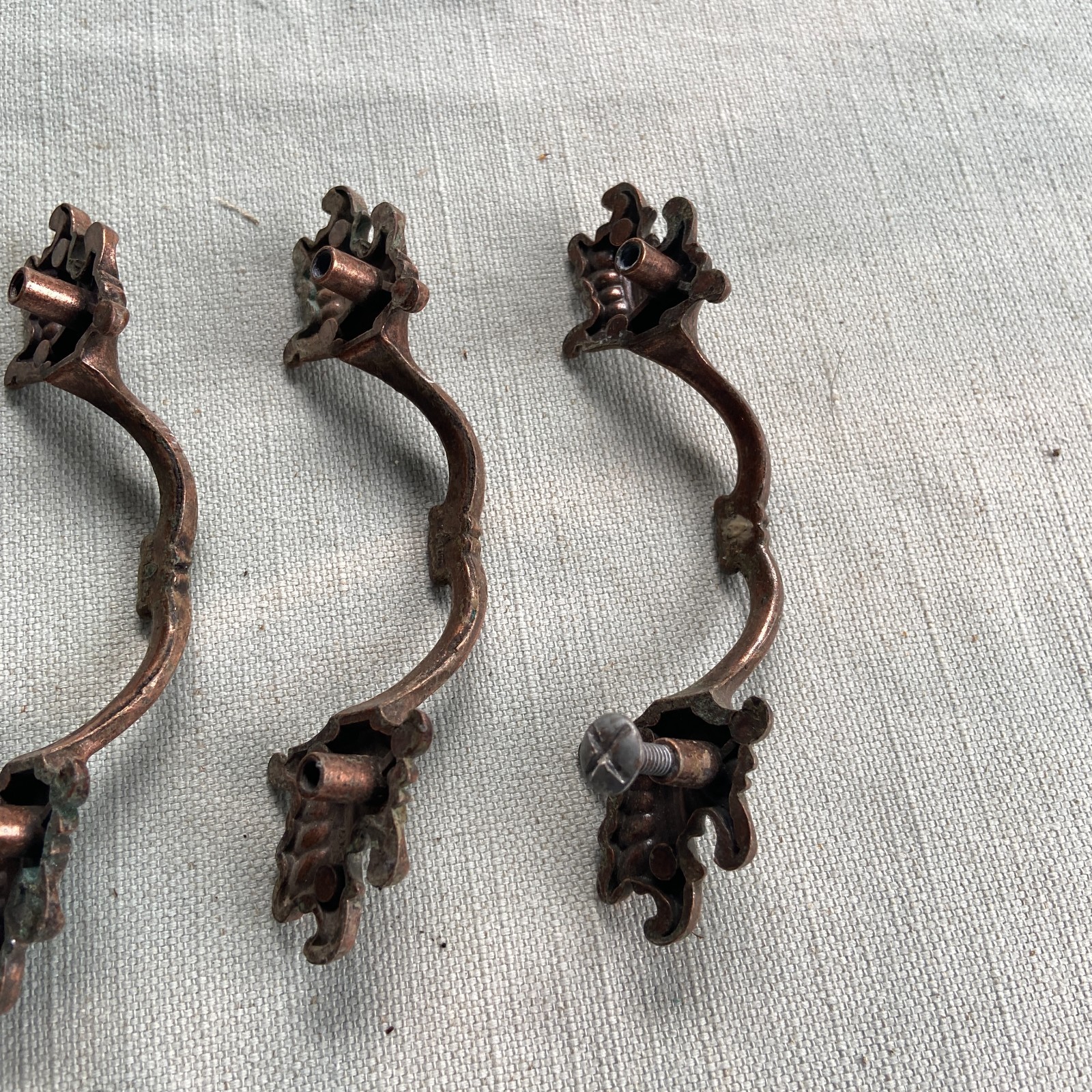 7 Vintage French Provincial Scalloped Leaf Drawer Pulls Brass 3″ 11 Screws Missi