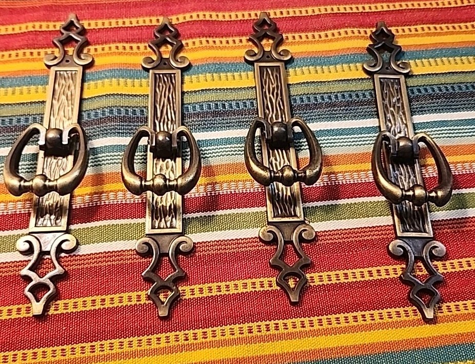 Amerock 71′ Cabinet Door 8-1/8″ Pull Handle & Backplate Brass MCM Set Of 4 Retro