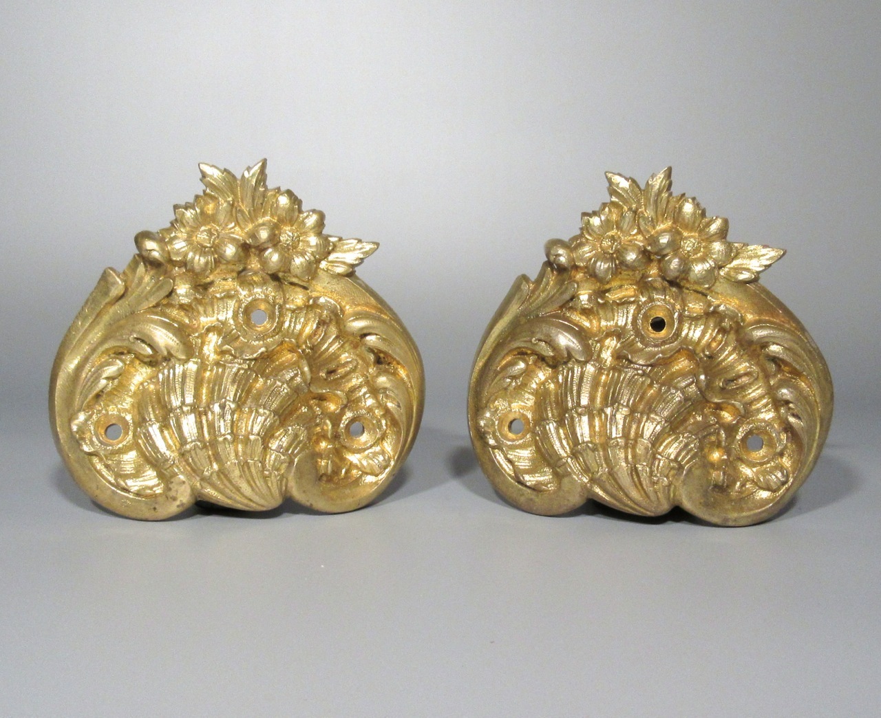 Pair of Antique French Gilded Bronze Handles, Shell, Flowers, Rococo