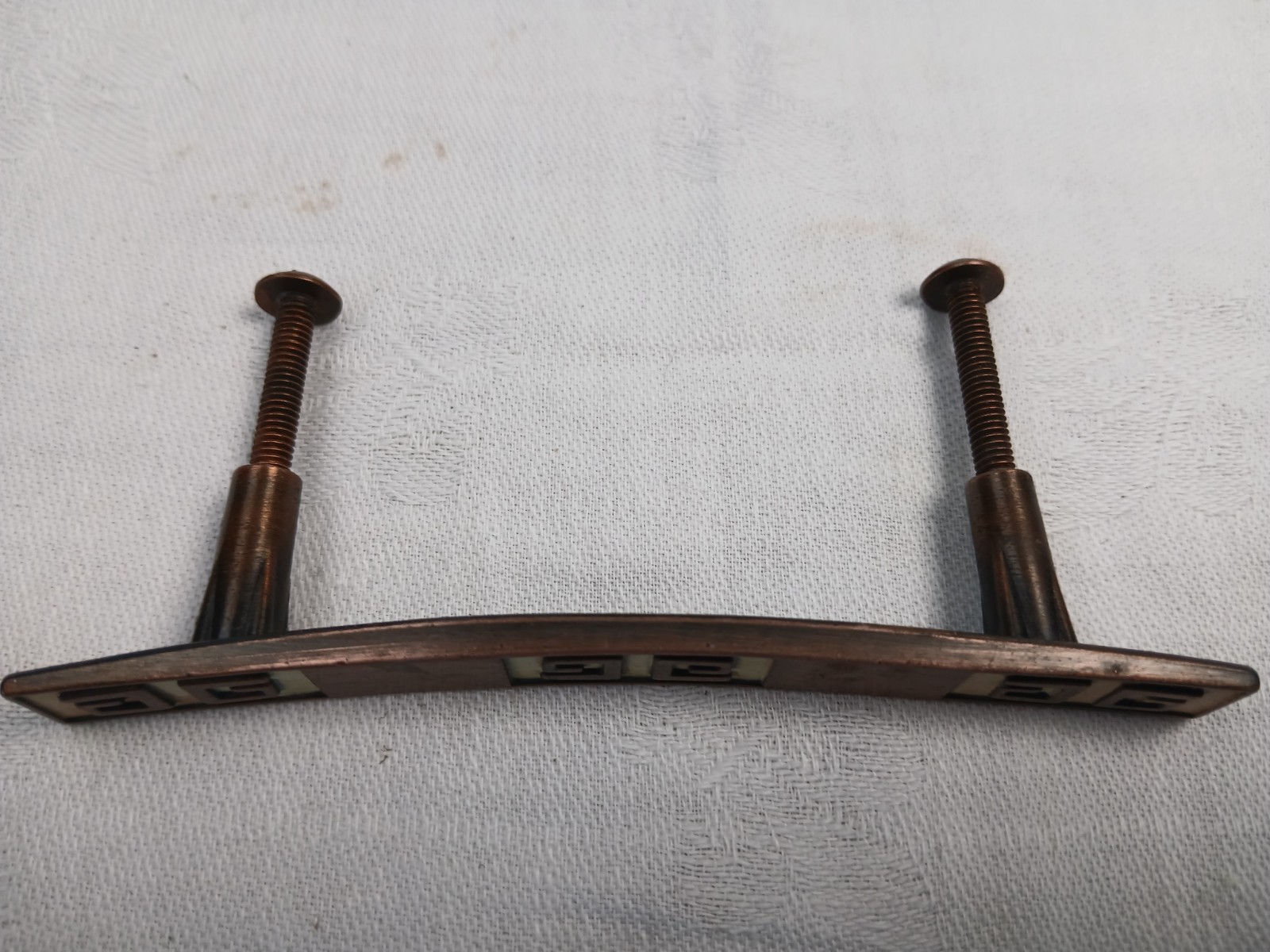 Vtg Set 2 Drawer Pull Handle + Knob Copper Enamel Asian Greek 3″ Centers MCM