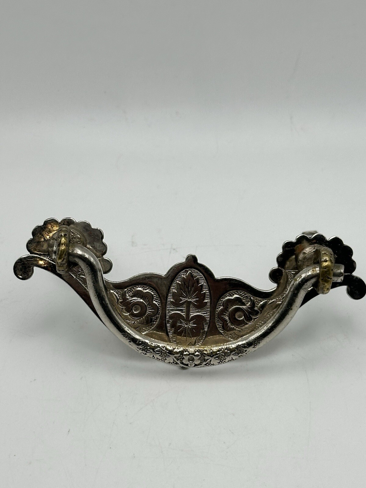 Two Tone Brass Drawer Pull Etched Punched Floral Design