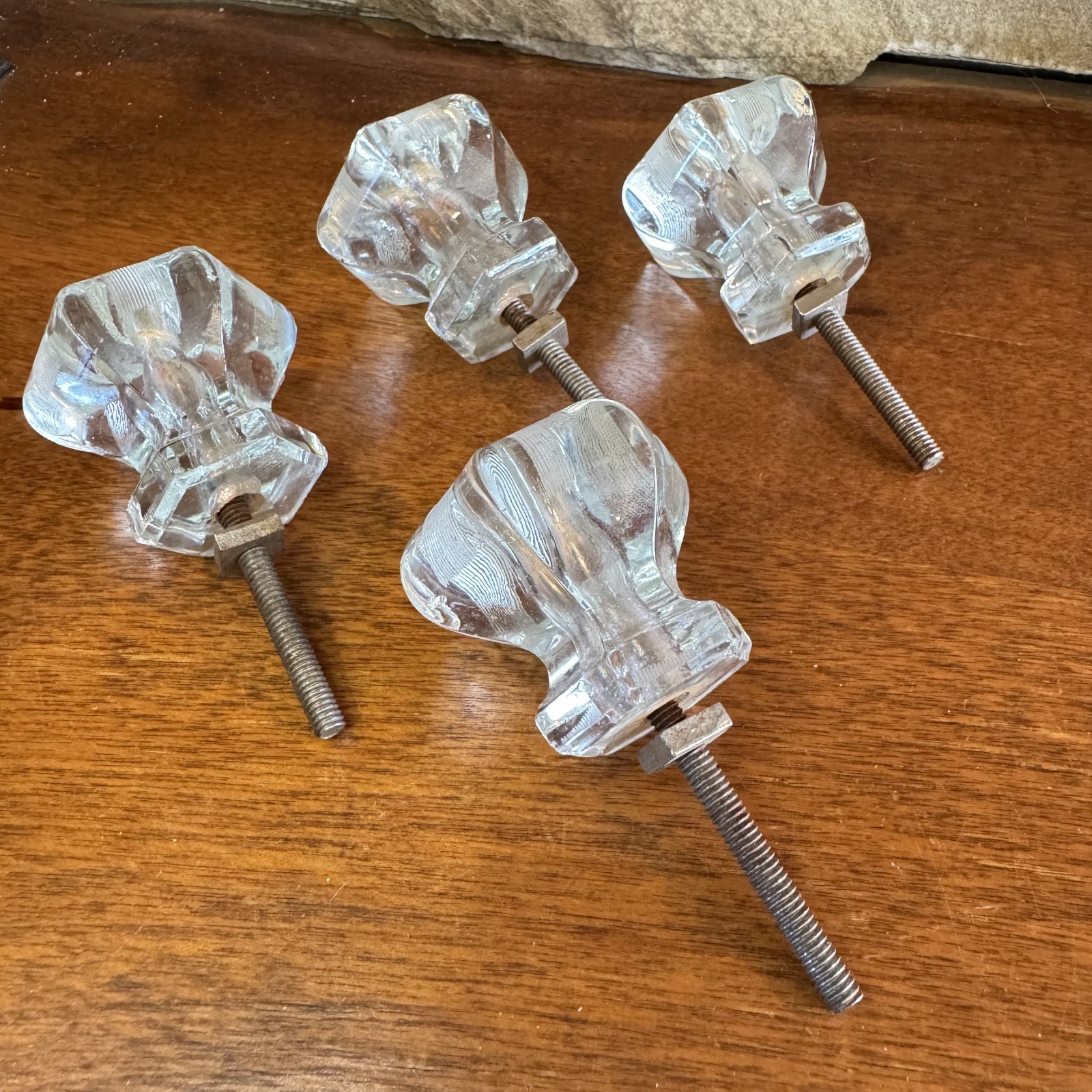 Set of 4 Vintage Hexagon Etched Lined 1.5 in. Glass Drawer Cabinet Knob