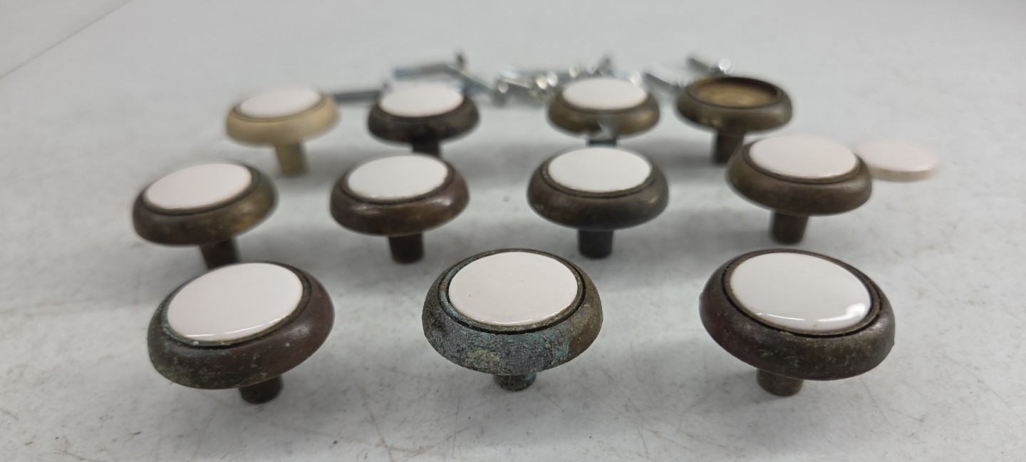 Vintage Lot of 11 Drawer Pull Knobs Round Handle Porcelain Brass