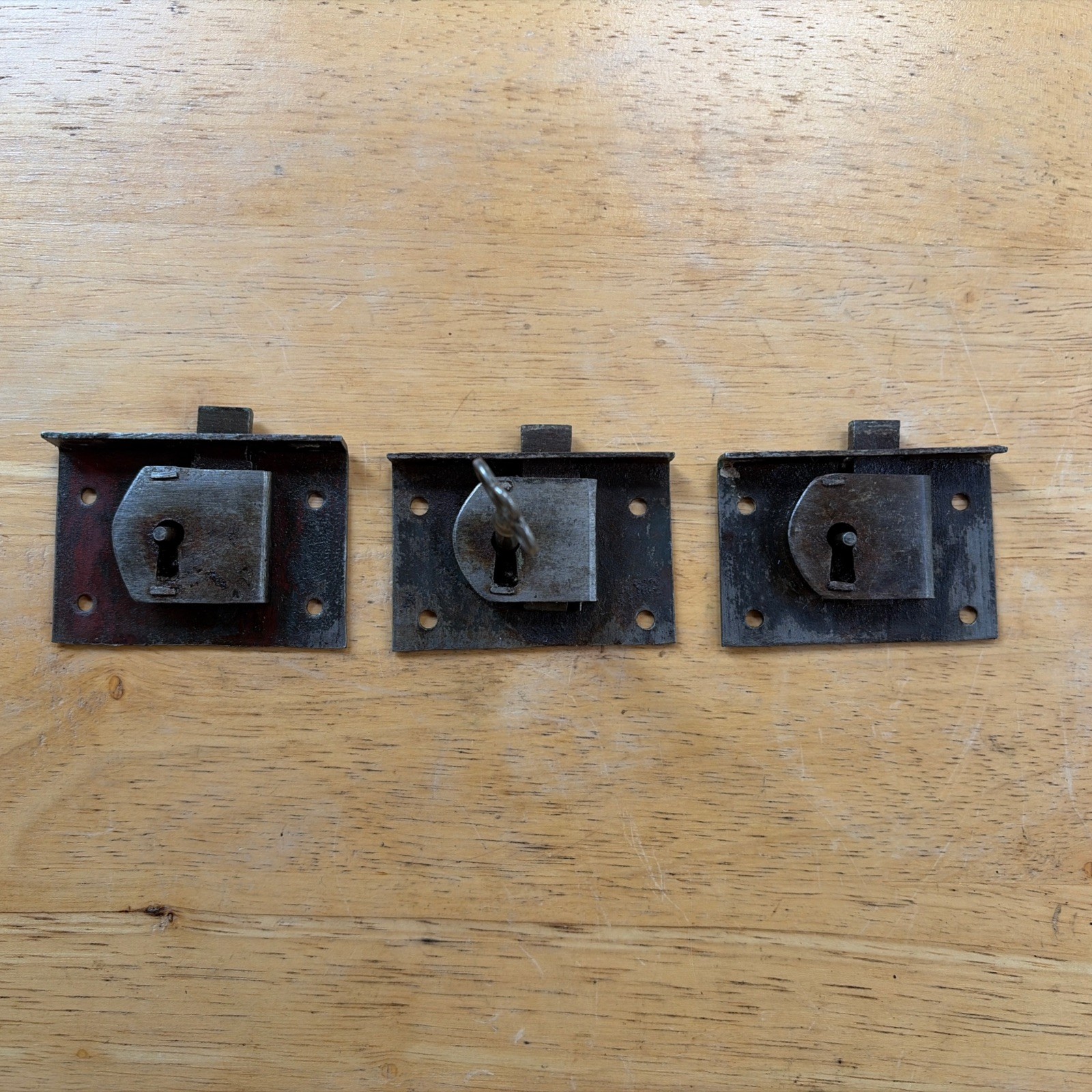 3 Salvaged Mid 1800 Empire Dresser Drawer Locks & Working Key, Free S/H
