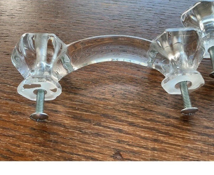 Hexagon Curved Clear Glass Drawer Handles Pulls 3” Centers Screws Set of 6 New